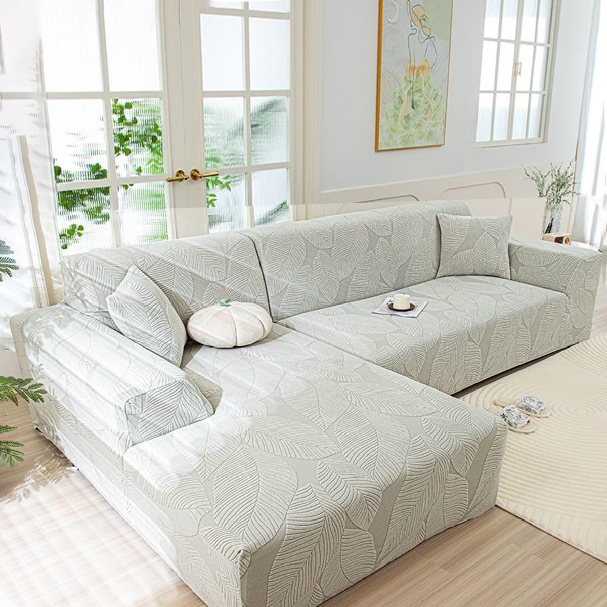 Copridivano A Forma di L,4 1 2 3 Posti, Elasticizzato Sofa Cover con Penisola A Sinistra Destra, Copridivano Angolare, Copridivano Chaise Longue(Light Grey,235CM-300CM)