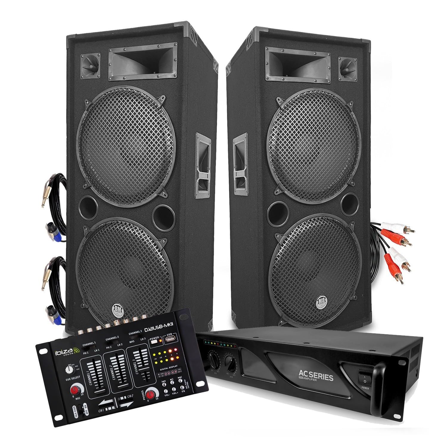 Set DJ audio BM Bmsonic PA Altoparlanti 2 x 15"/38 cm 4000 W bassreflex + amplificatore 3000 W con mixer Ibiza + cavi