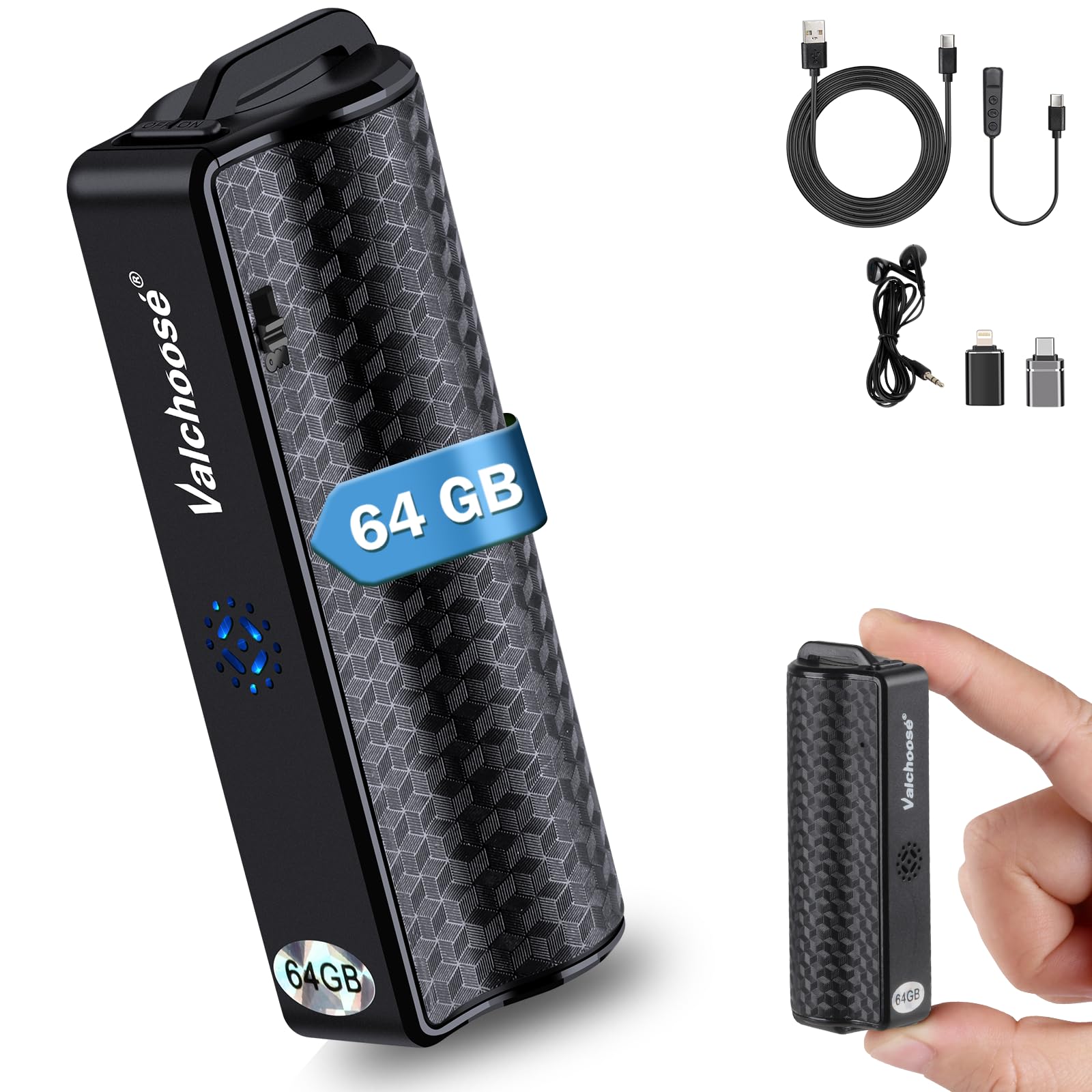 Valchoose 64 GB Digitales Diktiergerät & Aufnahmegerät mit Abhörgerät-Funktion, One-Touch-Aufnahme, Magnetfunktion für Meetings & Interviews