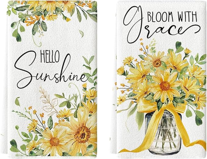 Artoid Mode Bottle Yellow Daisy Leaves Spring Kitchen Towels Dish Towels, 18x26 Inch Farmhouse Flowers Decoration Hand Towels Set of 2