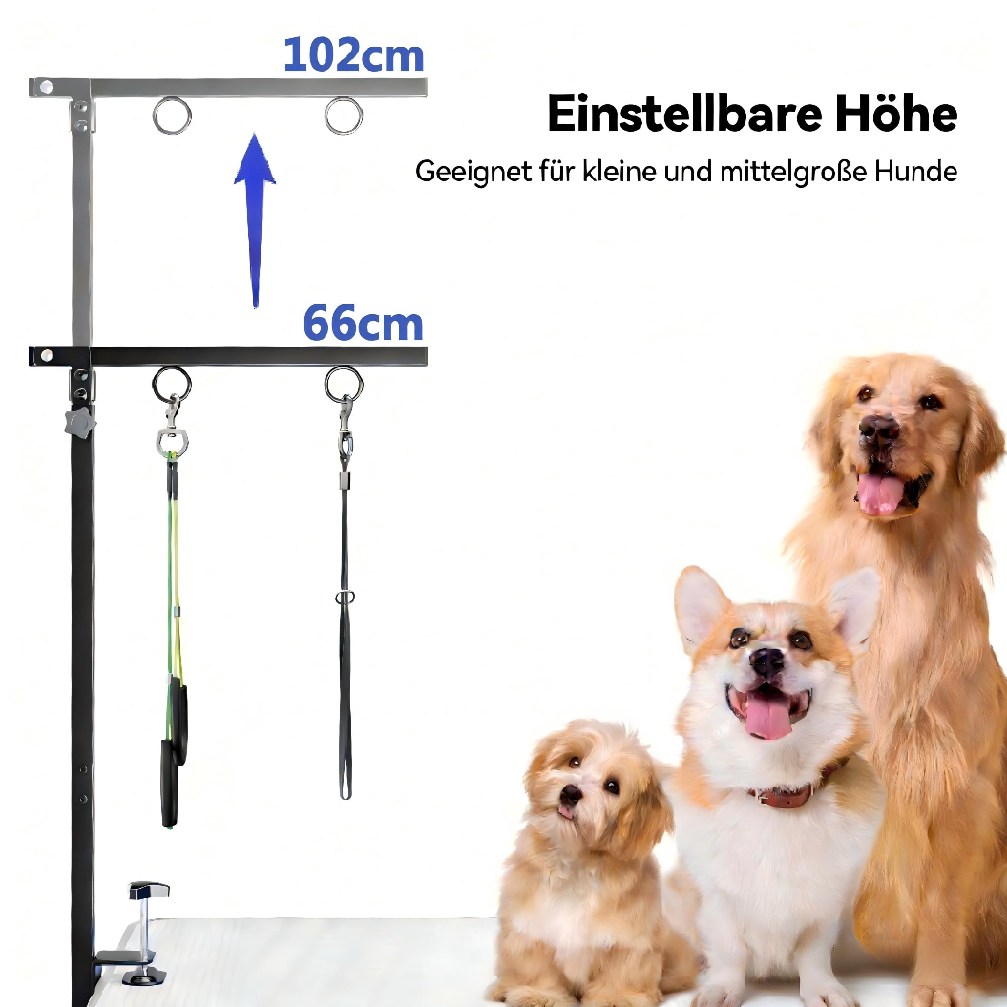 Faltbarer Hundepflegetisch-Arm mit Tischklemme – Höhenverstellbar 66–102 cm, Grooming-Arm mit Hängematte & Anti-Sitz-Schlaufe, Hunde-Fixierung für kleine & mittelgroße Hunde, Zuhause oder Salon