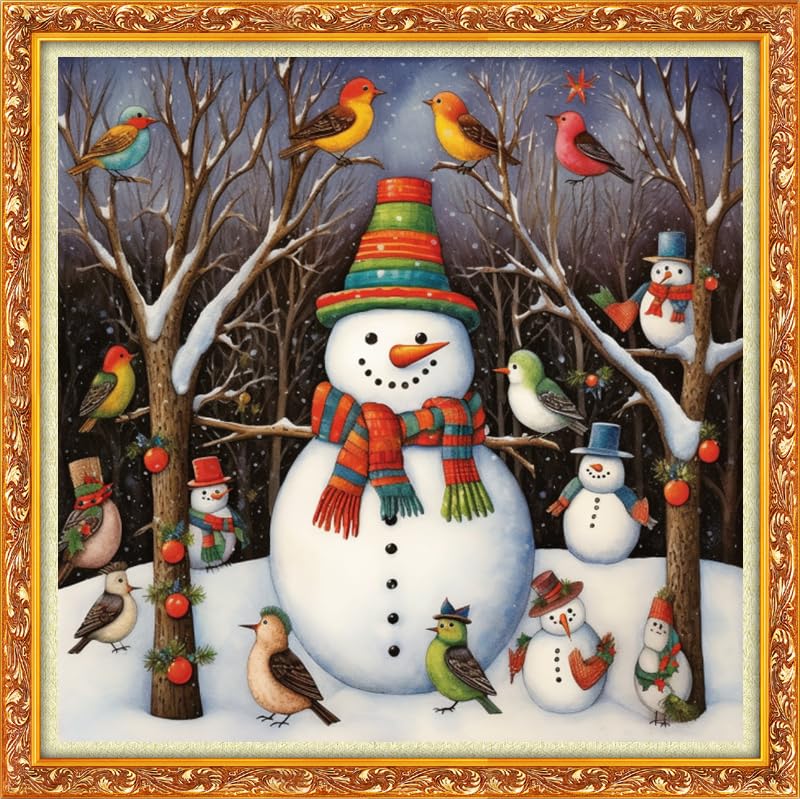 Image of Joyhoor Cross Stitch Kits for Beginners Stamped Cross-Stitch Supplies Needlework preprint Embroidery Kits for Adults DIY Needlepoint Kits Embroidery Patterns 11CT-Little Bird Snowman 18.x18 inch