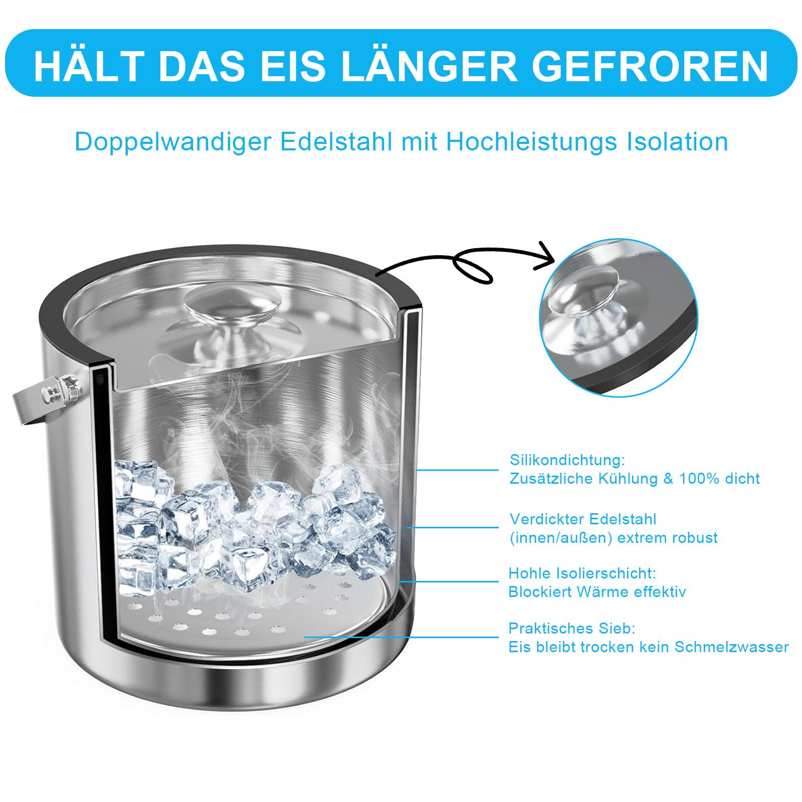 Cubitera de acero inoxidable de 3 litros con tapa hermética, colador y pinzas para hielo, cubitera de doble pared, ideal para enfriar cerveza, champán, vino y frutas