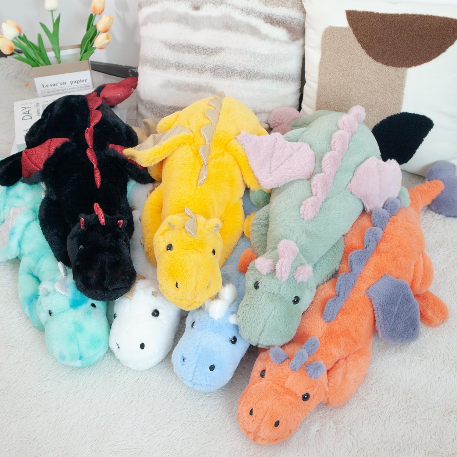 ARELUX Large 36in Cute Dragon Stuffed Animals Plush Toy Soft Sky Blue Pterosaur Plushie Giant Fuzzy Dinosaur Pillow Plushies with White Wings Cuddly for Friends Family Member
