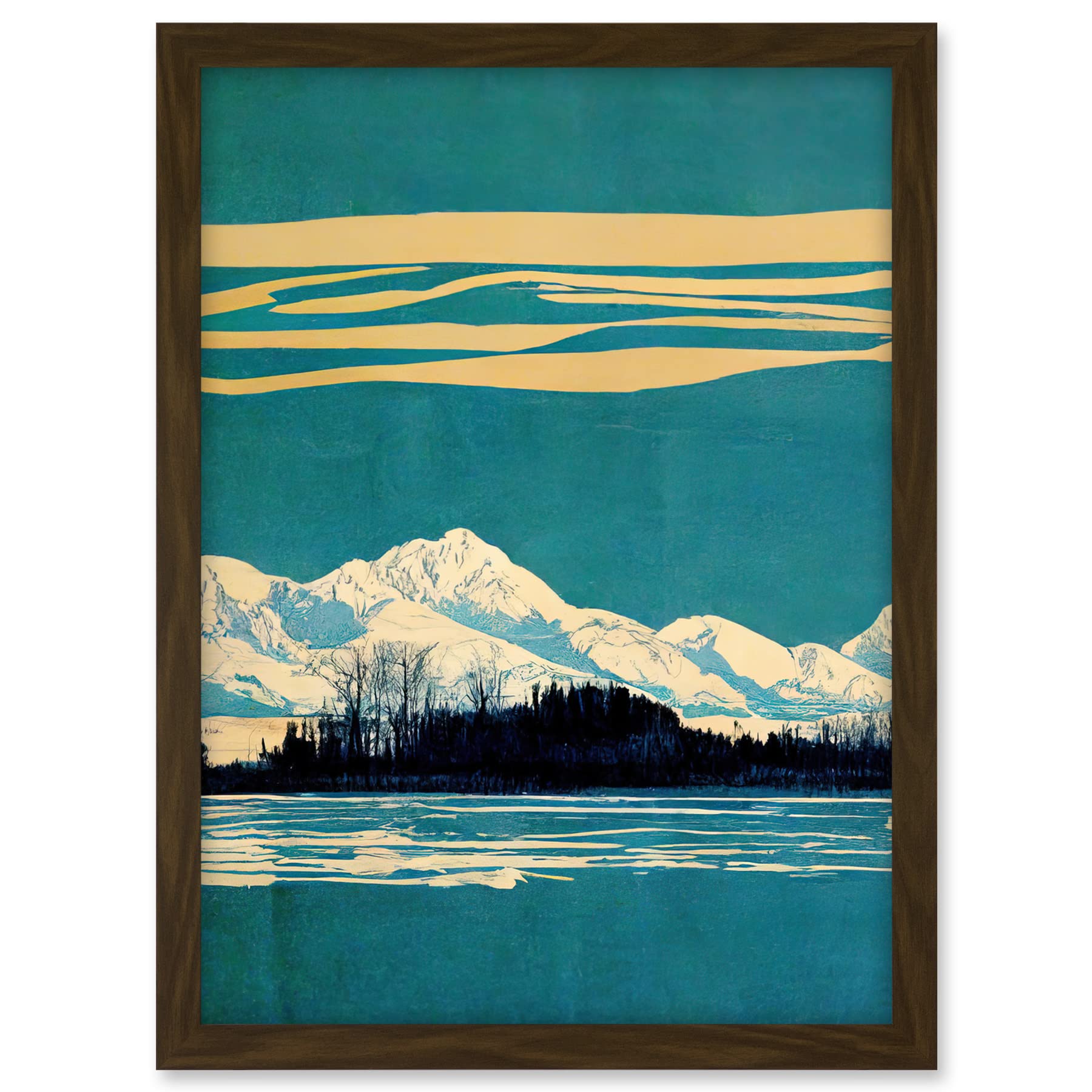 Wee Blue Coo Winter Lakeside Landscape With Snowy Mountains Duotone Teal Artwork Framed A3 Wall Art Print
