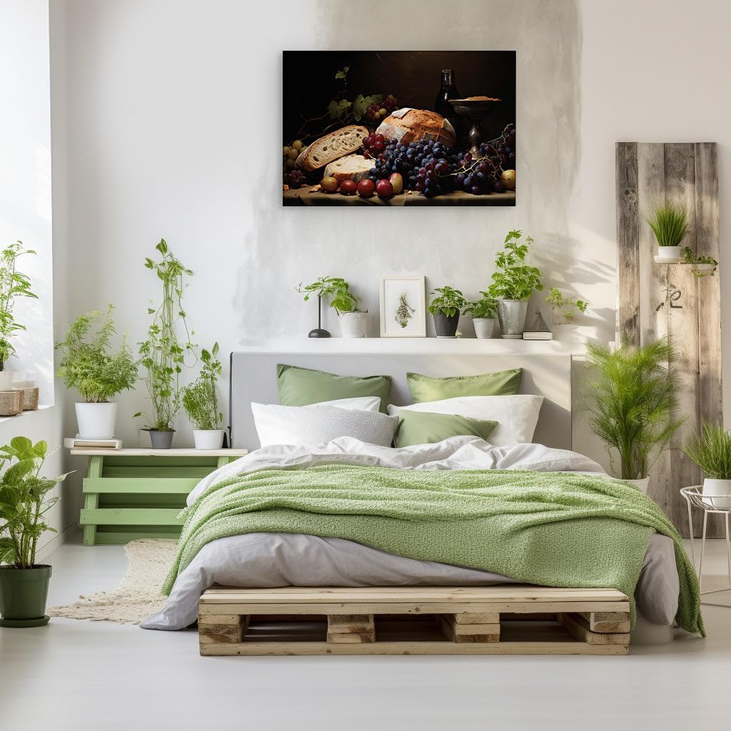 Canvas for Living room. Savoring the Stillness: A Rustic Tableau of Bread, Grapes, and Wine, 27 x 18 inch Canvas Wall Art - Religion And Spirituality - Modern Home Decor - 69x46 cm (27x18 inch)