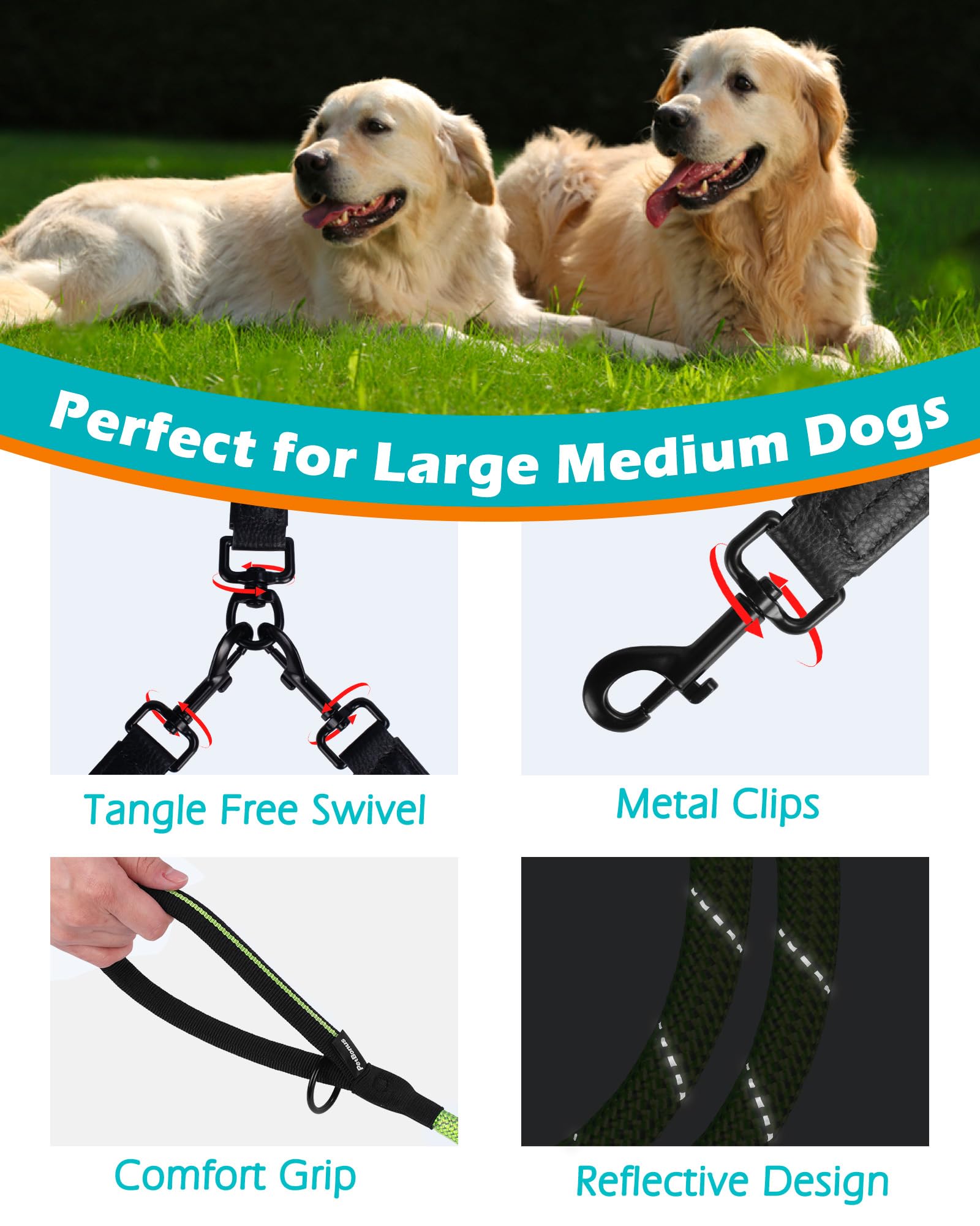 PetBonus Rope Double Dog Lead, No Tangle Dual Lead, Reflective Walking Training Leash with Two Comfortable Padded Handles - Image 2