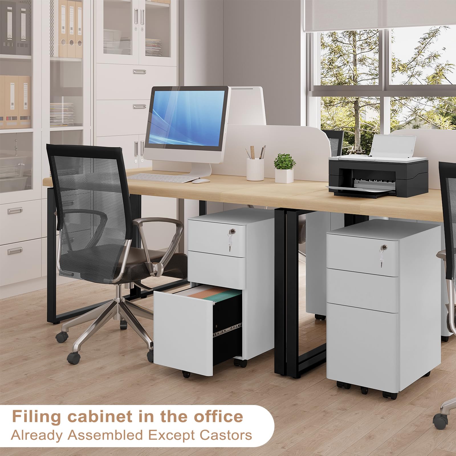 WOLTU Caisson de Bureau Mobile, Meuble de Rangement pour Dossiers Suspendus Format A4, Caisson sur roulettes, Armoire Documents avec 3 Tiroirs Verrouillables, en Métal, Blanc, 30x45x60 cm, ASK10ws