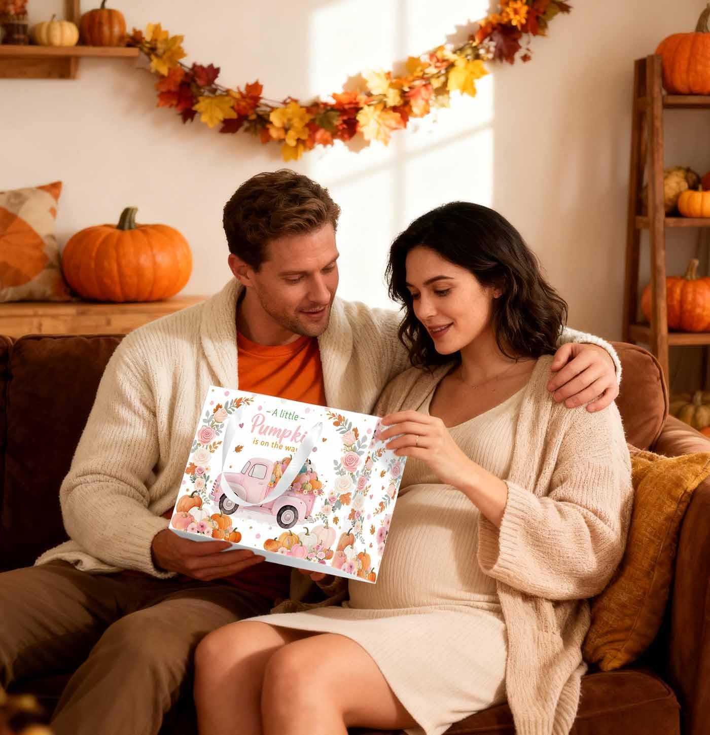 MUNILAIL 13 Inch Pink Little Pumpkin Gift Bag with Handle Tissue Paper and Greeting Card Large A Little Pumpkin Is On The Way Gift Bag for Fall Baby Shower Thanksgiving Decorations - Image 2