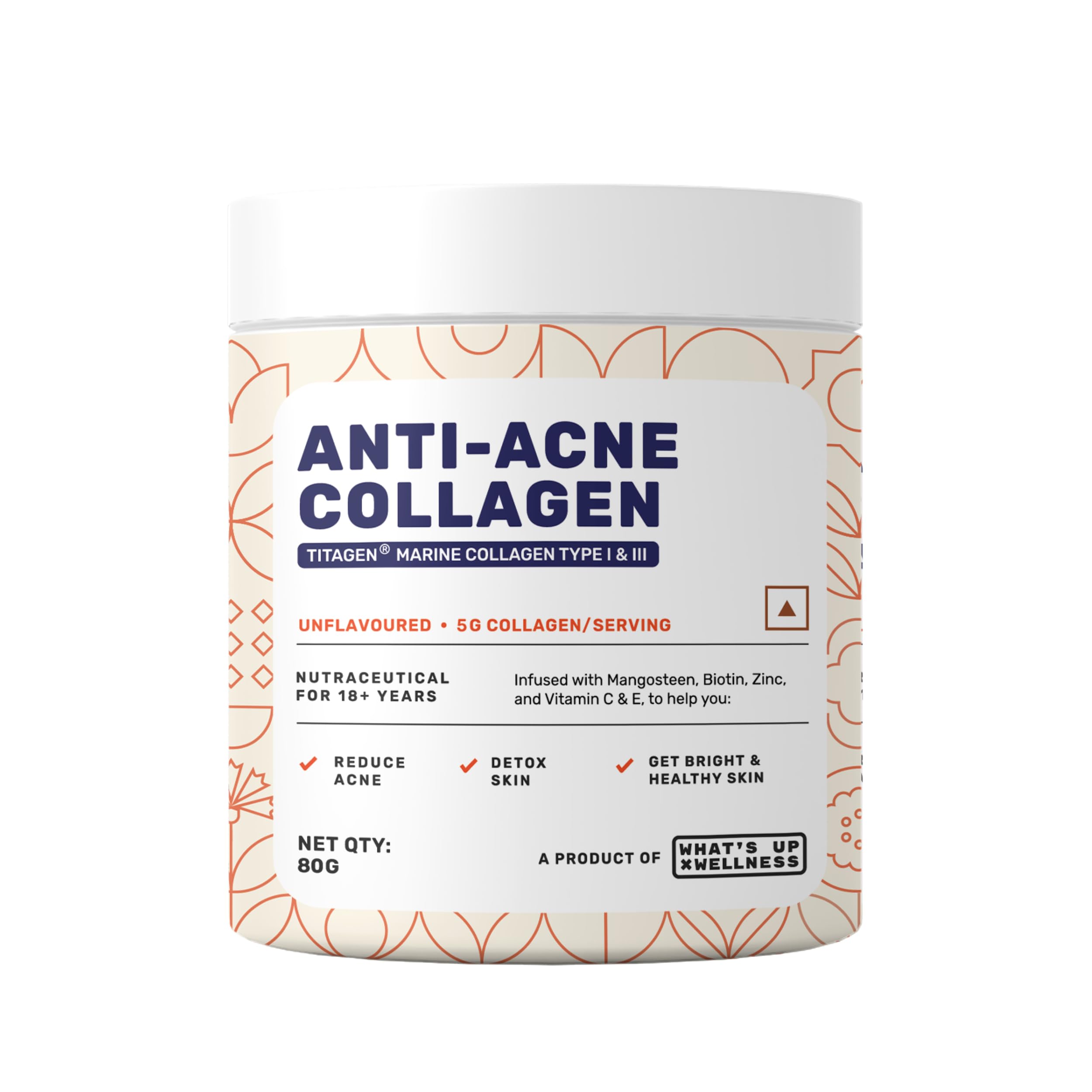 What's Up Wellness Anti-Acne Collagen|Certified Marine Titagen Collagen with Mangosteen & Biotin|Reduces Adult Acne|For Men & Women|Unflavoured|10 days Serving, powder, 1 count, 25 Servings