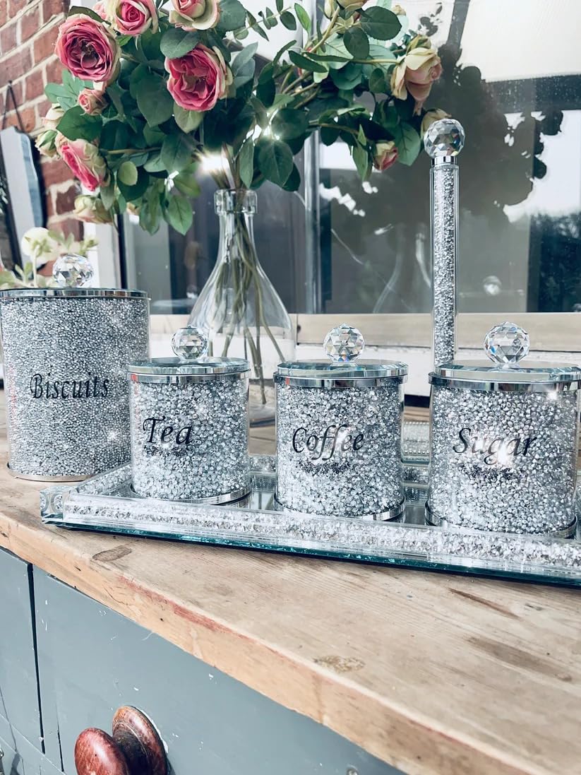 Shabjy Silver Sparkle Ornament Bling Crushed Diamond Gift, Diamante Tea Coffee Sugar Canisters Jars Organiser Set, 19 Cm
