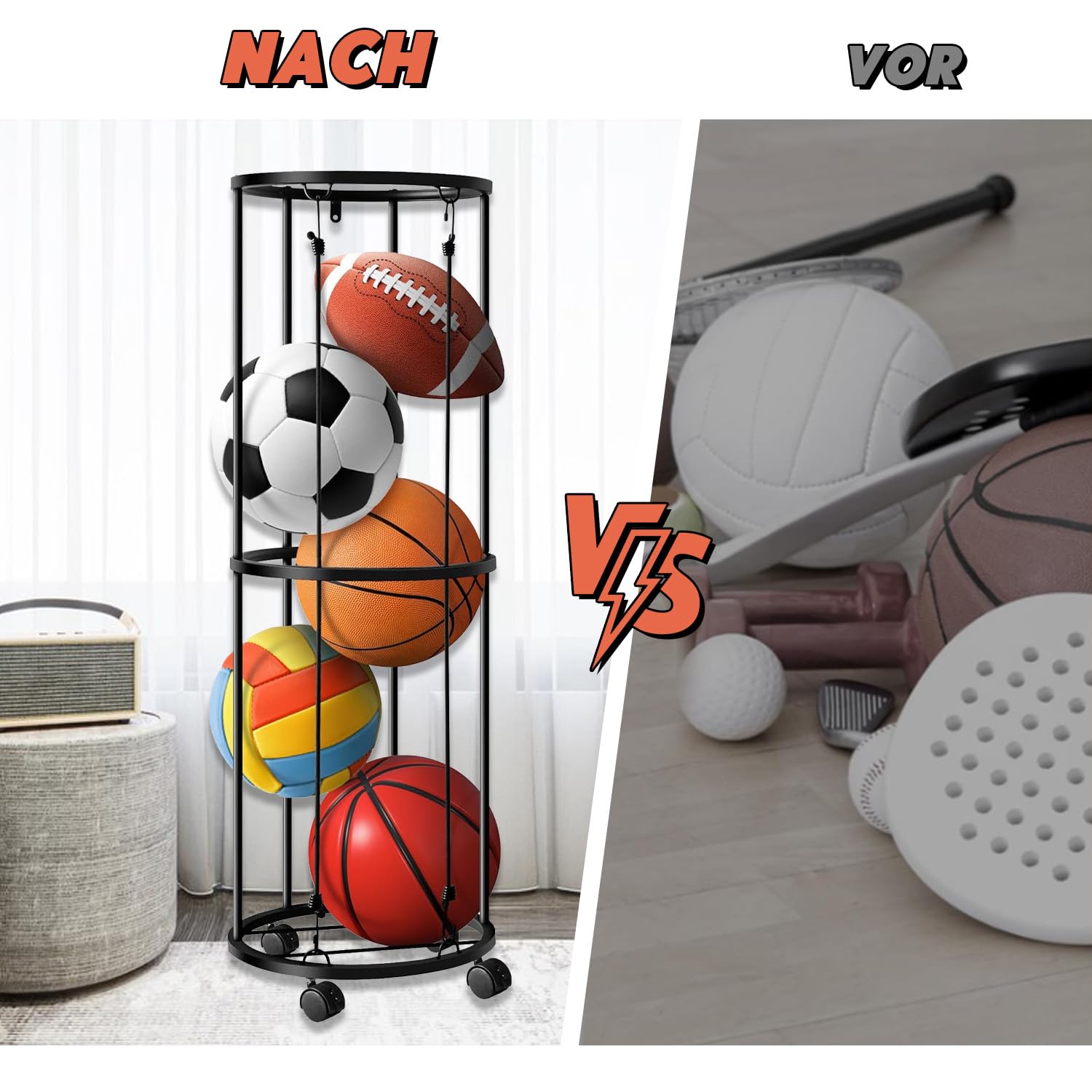 Soporte vertical para pelotas con ruedas, jaula de almacenamiento montada en la pared, estantería para baloncesto, fútbol y voleibol