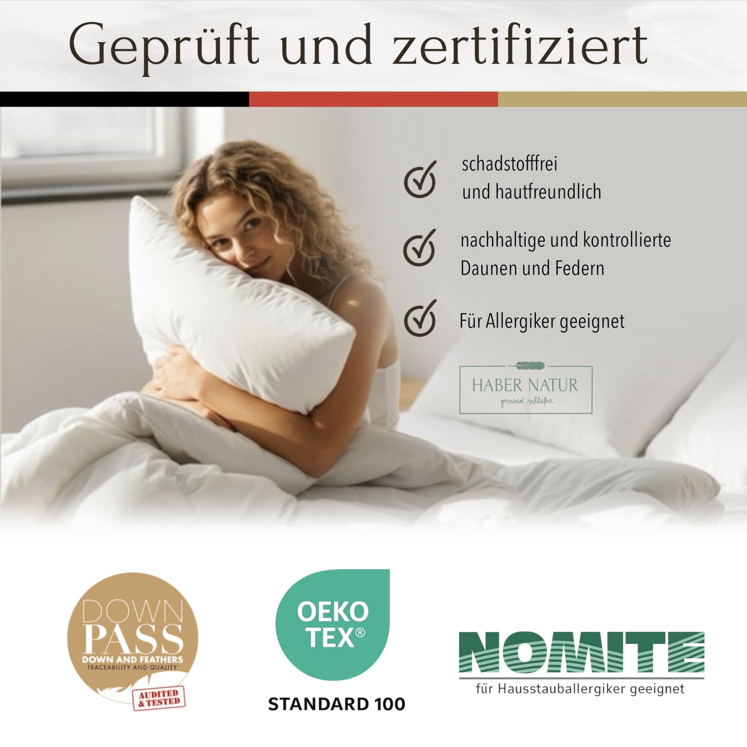 HABER NATUR Federkissen 80x80 - Made in Germany - Kopfkissen 100% Federn | Kopfkissen 80x80 mit 1500g Füllgewicht | Allergiker geeignet (NOMITE) | Tierwohl Zertifiziert (DOWNPASS) | Oeko-TEX Klasse 1