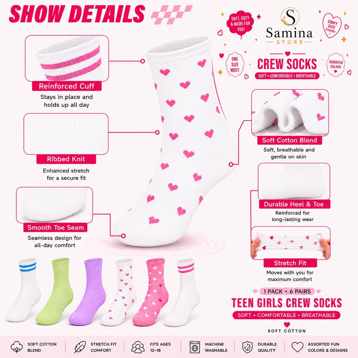 Teen Girls Crew Socks, 6 Pairs
