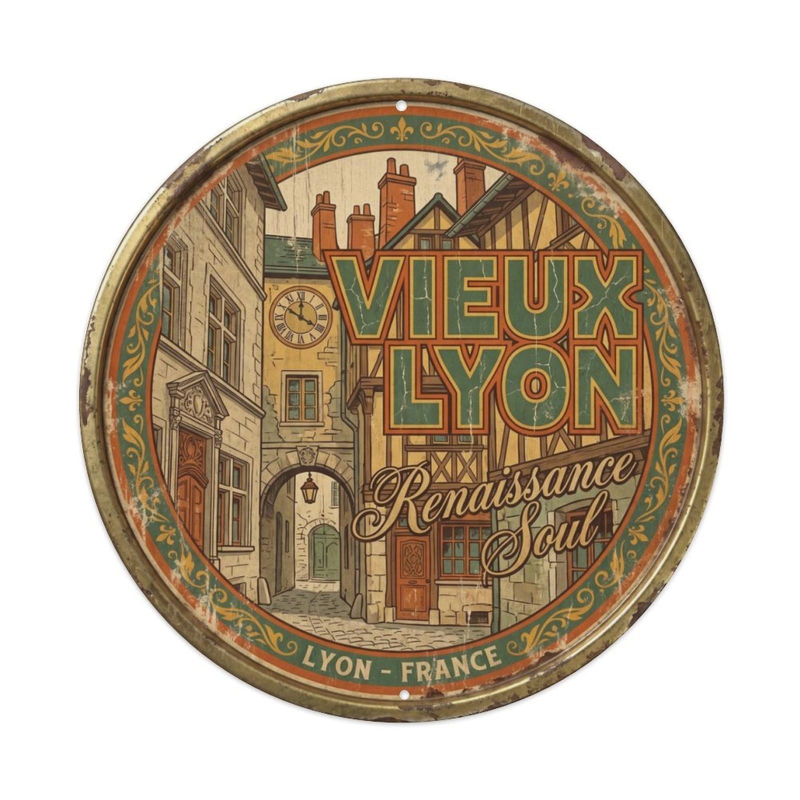 Oldtown Cobblestone Cafe District Metal Tin Sign Plaque Wall Decor for Cafe, Club Bar, Office, Home Garden Round Metal Poster 8x8Inch