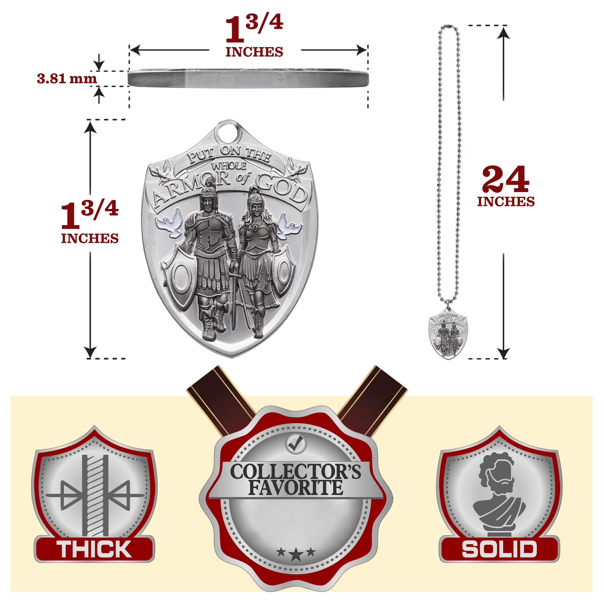 Armor Coin & Emblem - Armor of God Dog Tag Pendant with Thick Ball Chain Military Style Necklace