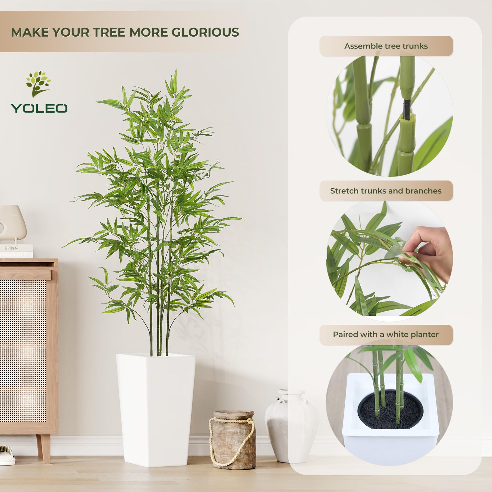 YOLEO Pianta artificiale in bambù, 180 cm, con vaso bianco, pentole artificiali grandi | Per soggiorno, ufficio, giardino, decorazione per interni, regalo di inaugurazione della casa