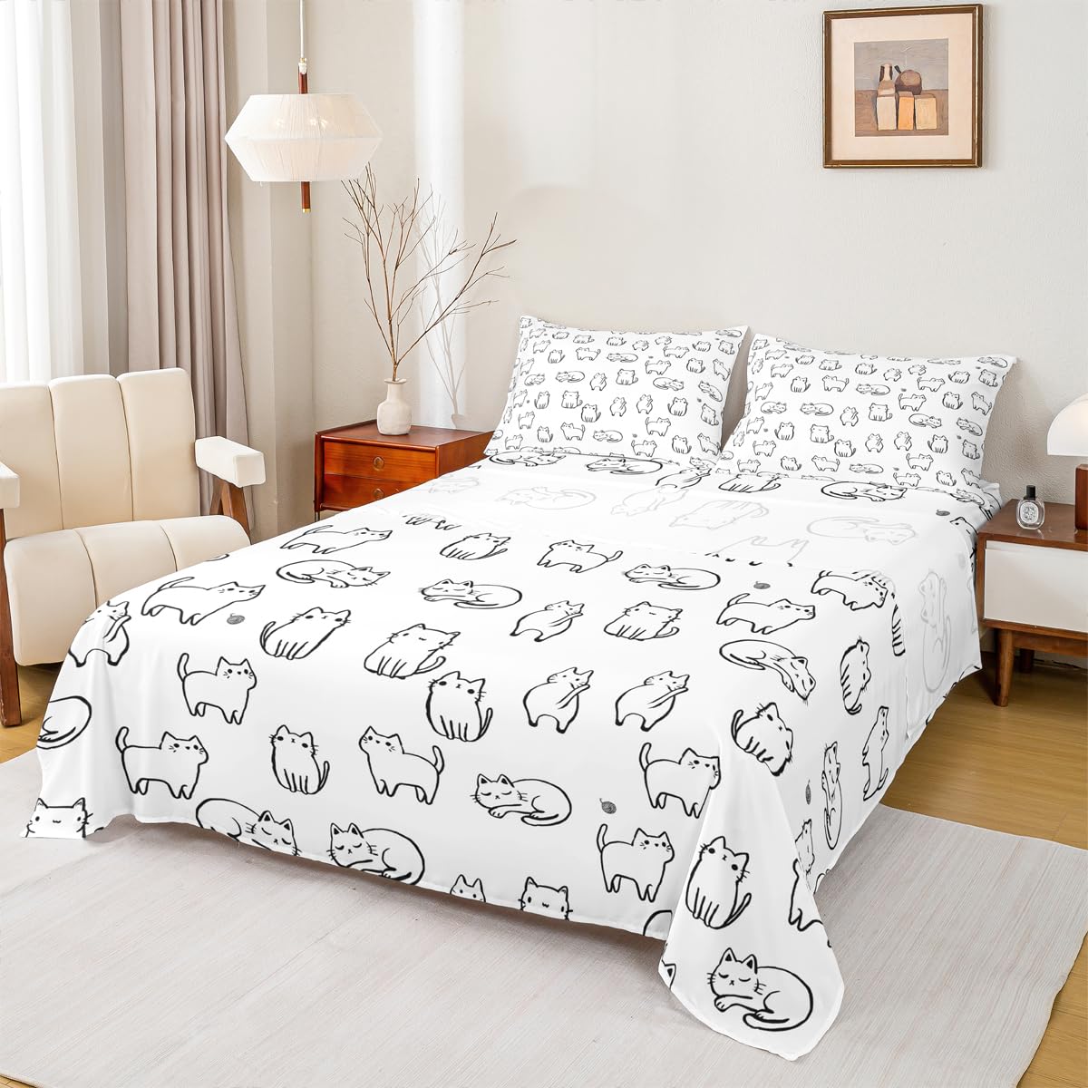 Black and White Fitted Sheet Set King Size 4 Pcs,Kawaii Cats Pet Animals Teens Sheets,Cartoon Cat Bedding Sets (1 Fitted,1 Flat,2 Pillowcases)