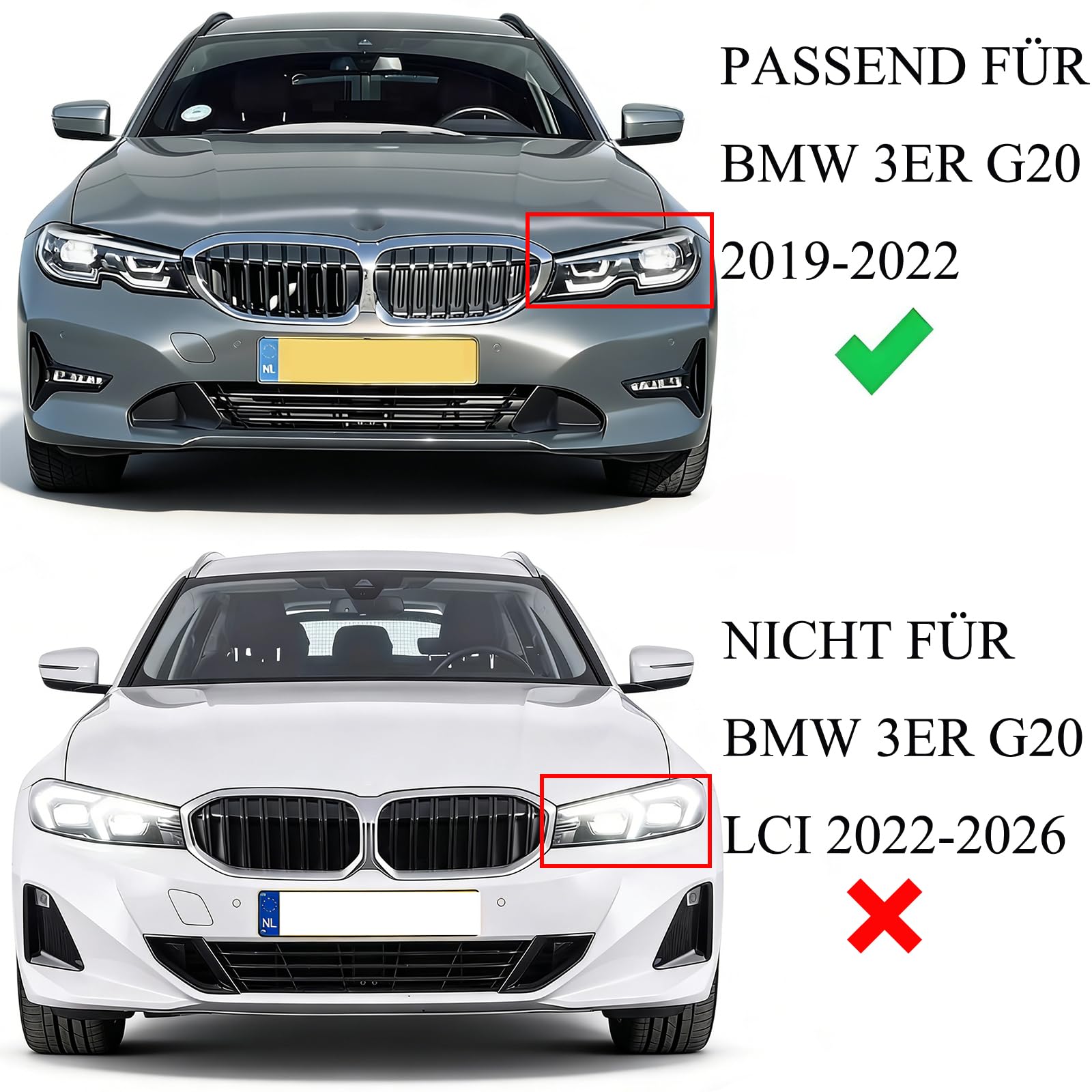 Sport Kühlergrill Nieren kompatibel mit BMW 3er G20 Limo G21 Touring Bj. 2018-2022 Vor LCI Glanz Schwarz