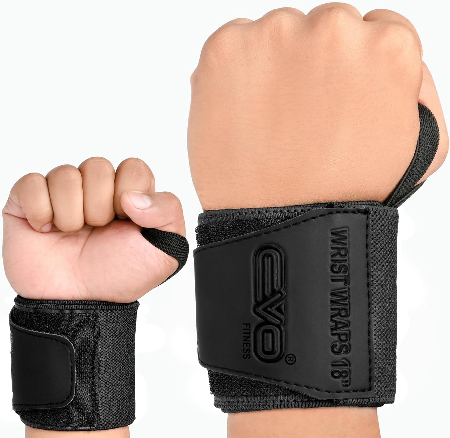 Pair of 18” Deep Black Weight Lifting Wrist Wraps Support Elasticated Cotton Straps Thumb Loop Powerlifting Bodybuilding Strength Gym Training Workout (Black)