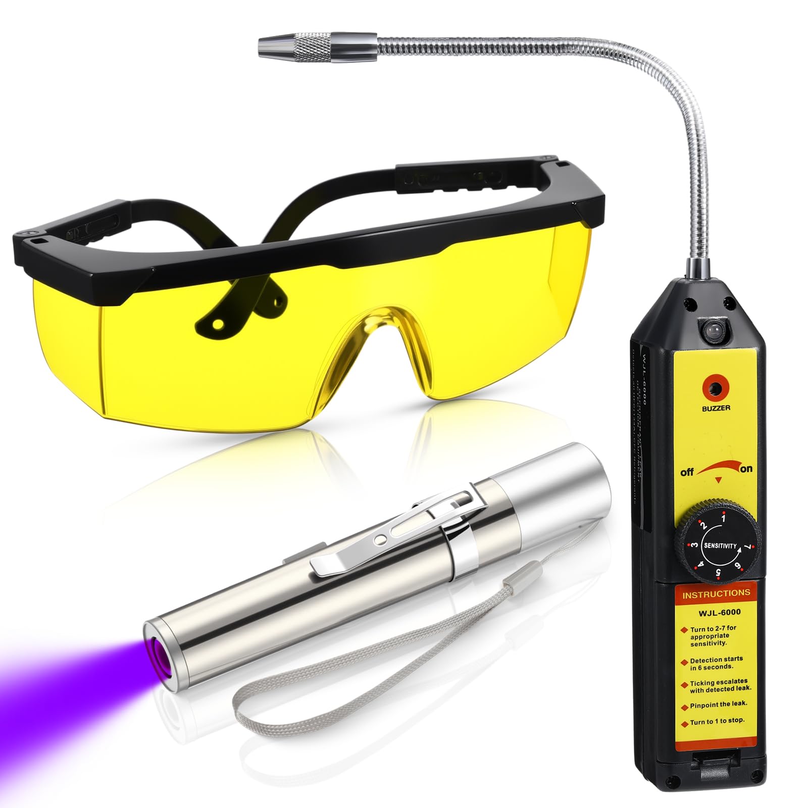 Photo 1 of Glooglitter Auto Air Conditioner Leak Detector Tool WJL-6000 Refrigerant Leak Detector with 365nm LED Flashlight and UV Protective Glasses for HVAC Air Conditioner R22 R410A R134A(Yellow)
