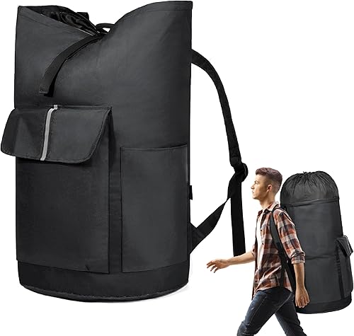 Vista 13 de BeeGreen Mochila de lavandería verde musgo para viaje, bolsa de lavandería con correas de hombro ajustables y cierre de cordón, XL bolsa de Verde