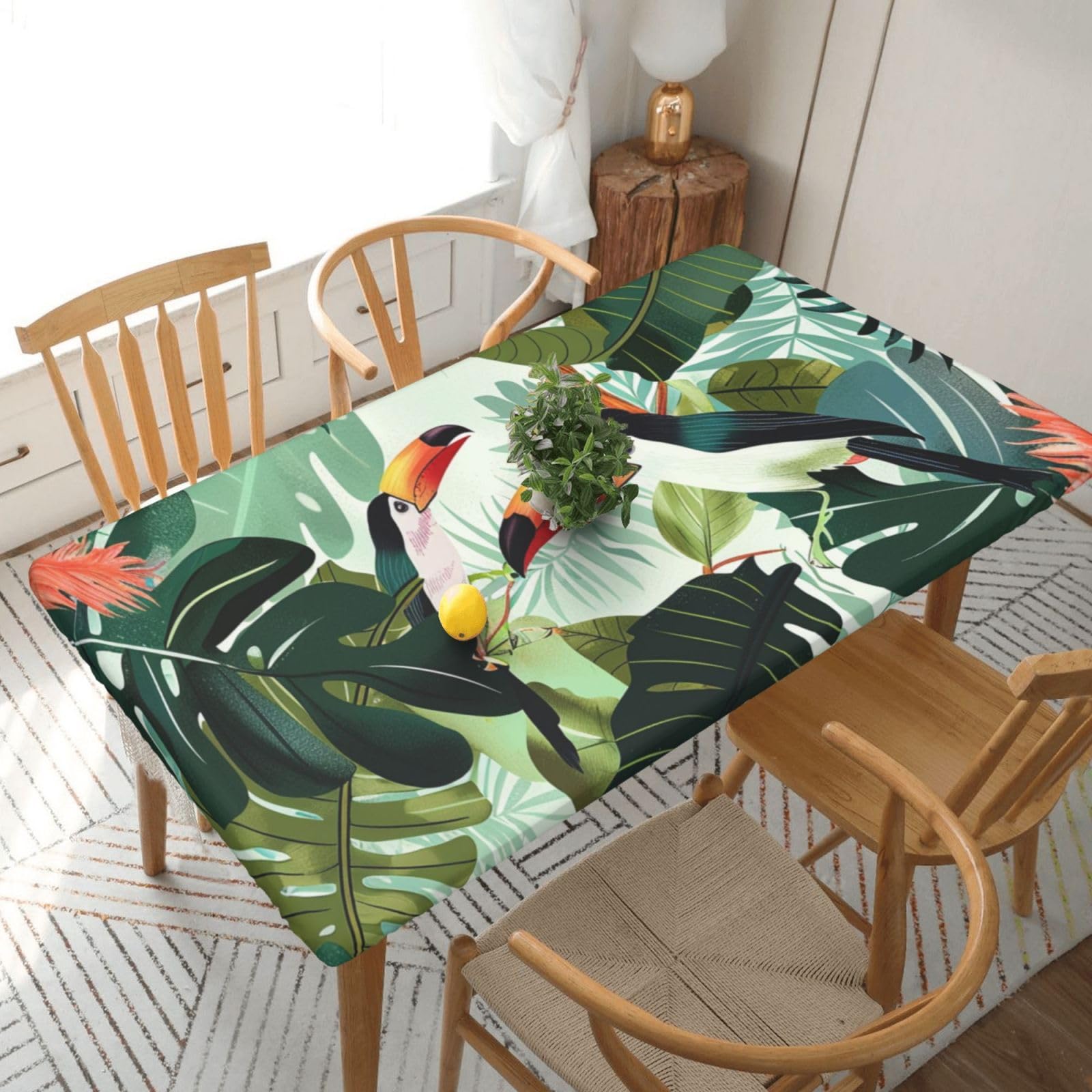 WPKJU Tropical Leaves Bird Printed Tablecloths 5ft Rectangular Table Covers Washable Polyester Decorative Table Cloth for Dining Table Picnic Wedding