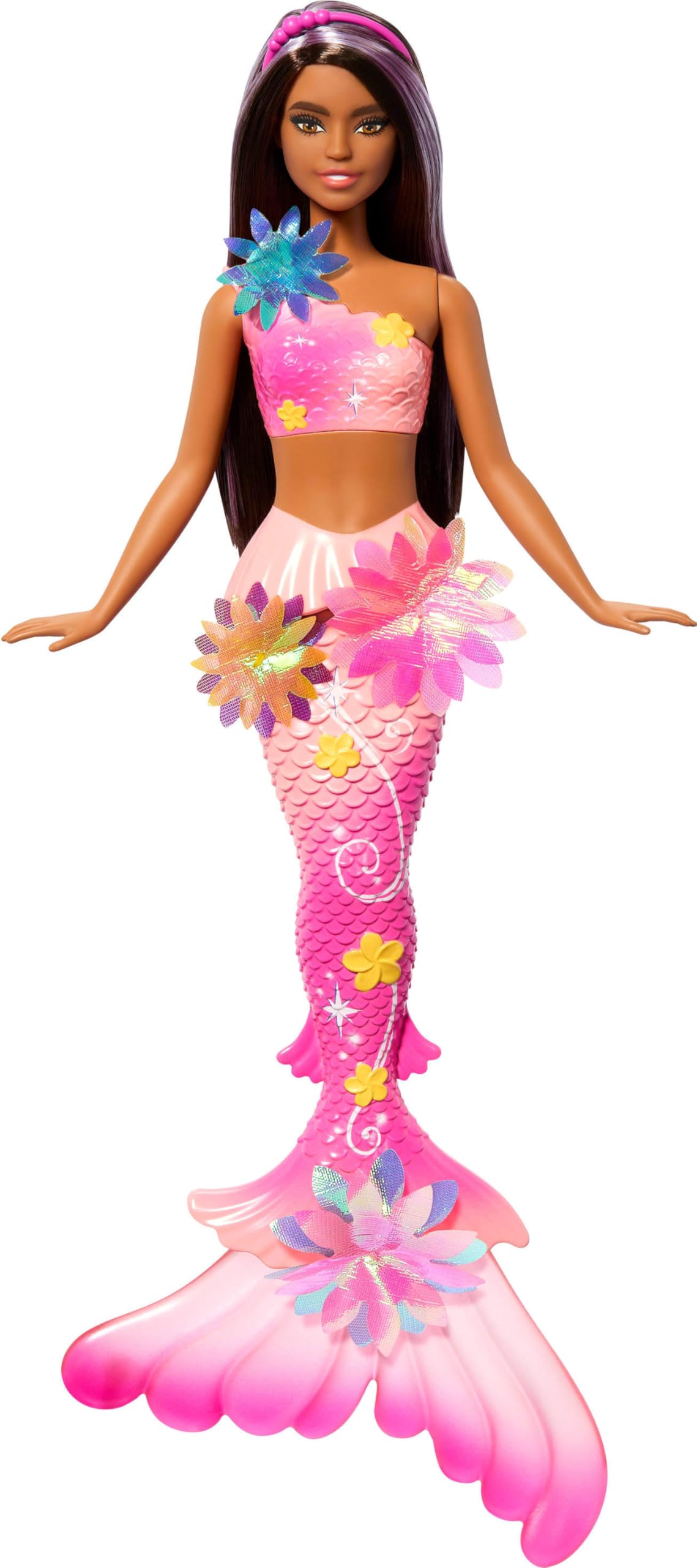 Barbie - Sirena Magia Floreale, dai capelli castani con ciocche viola, coda sfumata e fascia con perle, magica sorpresa e fiori che sbocciano inclusi, giocattolo per bambini, 3+ anni, JDM73, Rosa
