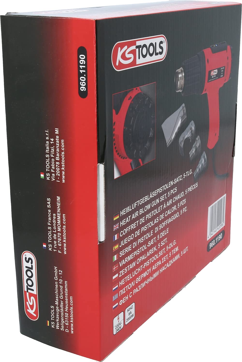 KS TOOLS 960.1190 - Décapeur Thermique 2000W - Pistolet Thermique à Air Chaud - 2 Positions - Réglage de Température par Molette sur 6 Plages entre 50° à 650° - 4 Buses - Couleur Rouge