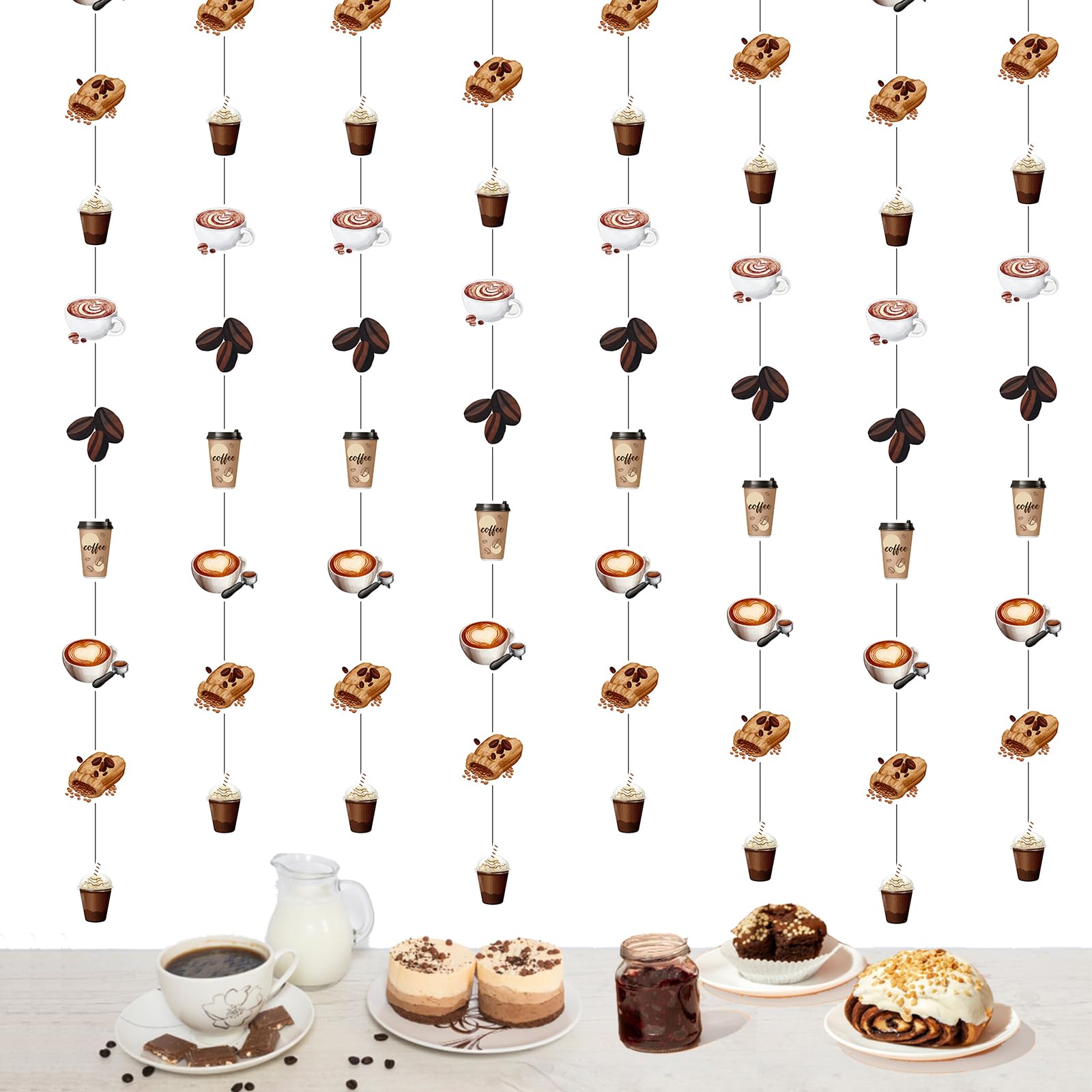 Fangleland 8Pcs Coffee Theme Streamers, Coffee Bean Cup Paper Garland for Birthday Baby Bridal Shower Bachelorette Latte Party, Cafe Shop Bar Hanging Decorations Supplies