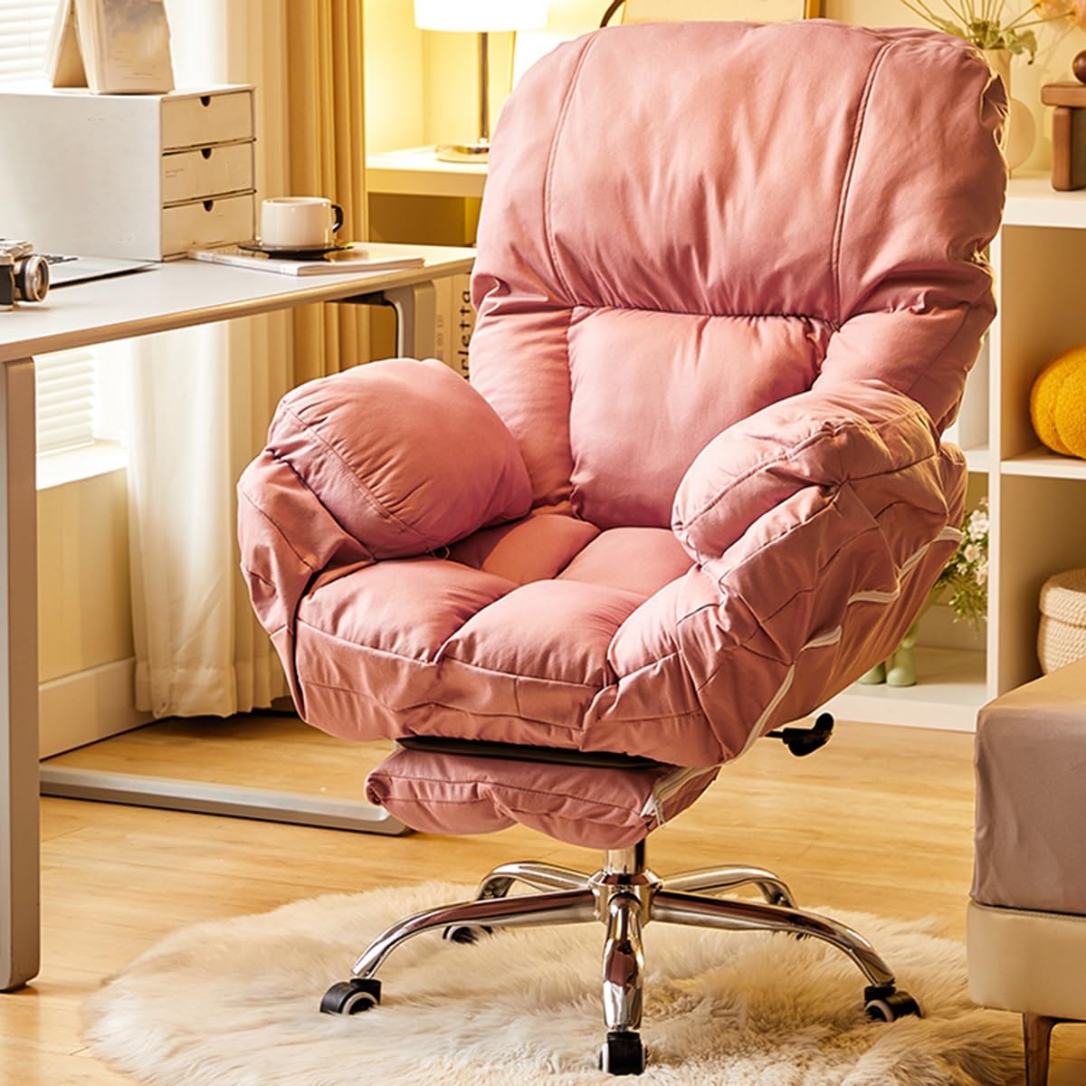 Ergonomiczne krzesło z podnóżkiem krzesło biurkowe do gier komputerowych, podłokietniki kierownictwa domowego, regulowane obrotowe krzesła do zadań kółek (/ różowe)