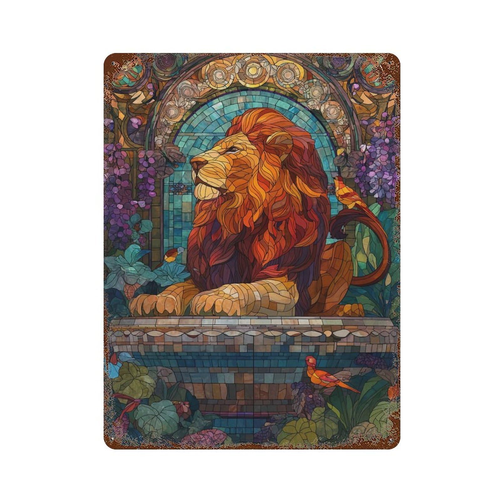 Stained Glass Lion with Birds Rusty Metal Tin Sign 15.7"x11.8", Industrial Home Decor for Garage, Pub Or Kitchen