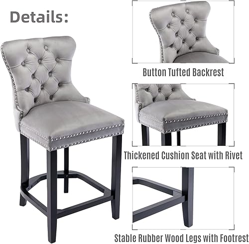 Miniatura 5 de LukeAlon Juego de 2 taburetes de bar modernos de terciopelo, taburetes tapizados con botones con patas de madera, sillas de bar de 26.8 pulgadas de