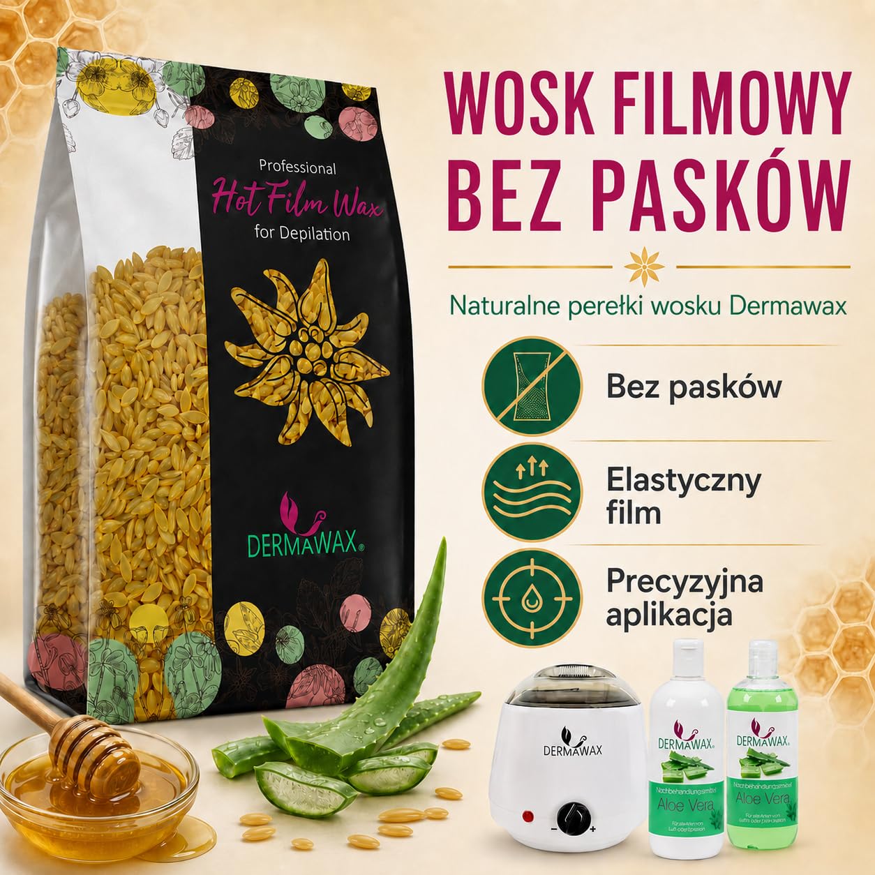 Dermawax Perły woskowe z naturalnego miodu, 1 kg – profesjonalny wosk na gorąco do usuwania włosów bez smug – twarz, brwi, włosy w nosie, nogi, ramiona, bikini i strefy intymne – dla mężczyzn i kobiet