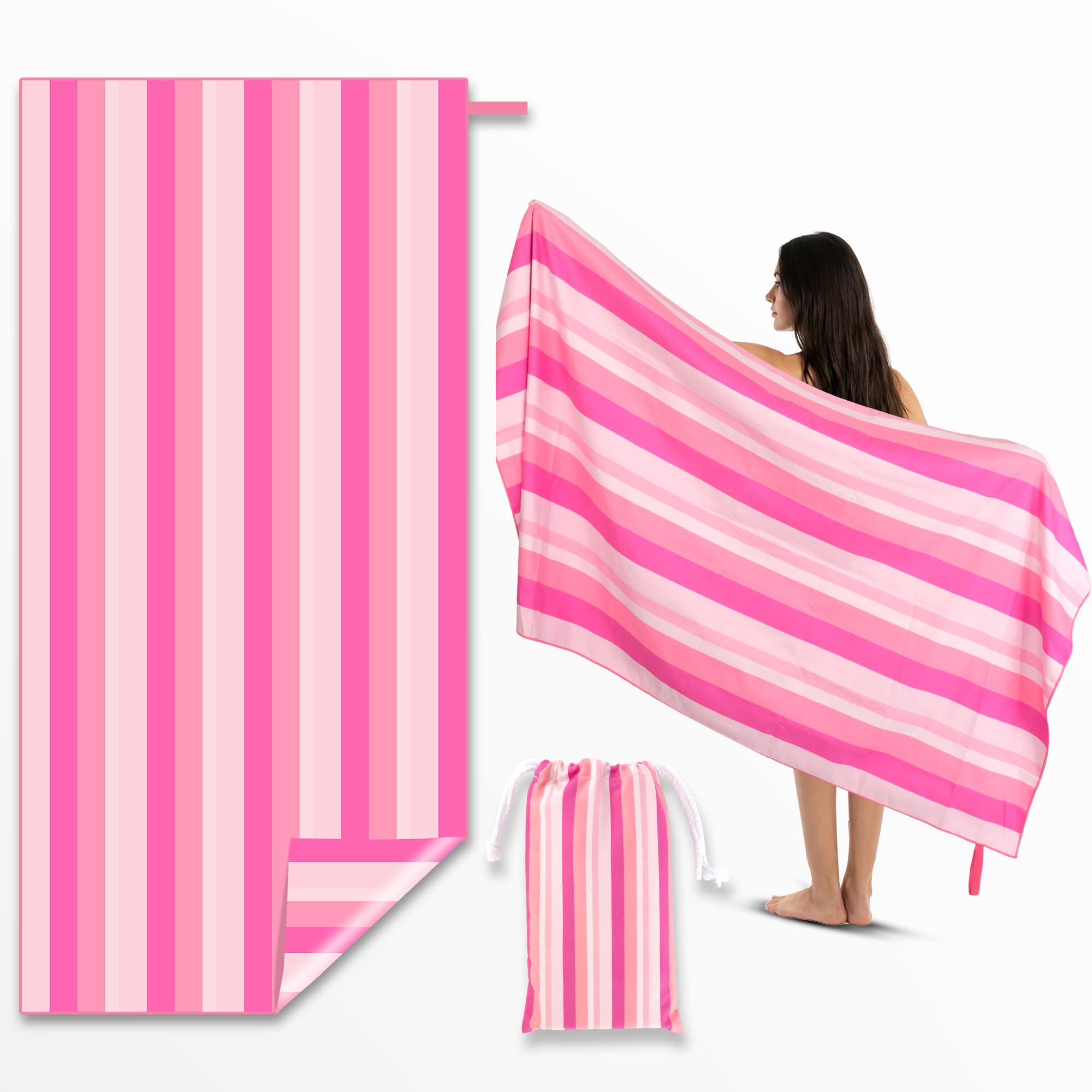 Anavasi Microfibre Beach Towels for Adults - 1 Pack 180 x 90 cm with Drawstring Bag, Quick Dry, Lightweight, Sand Free, Extra Large 100% Recycled for The Beach (Stripe Gradient Pink) โ image 1