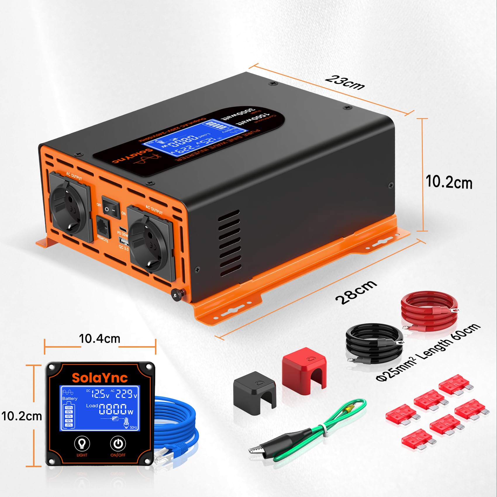 Inverter 1500W/3000W 12V 220/230V Onda Sinusoidale Pura,2 EU Presa,Porta Type-C da 30W e porta USB, telecomando LCD schermo LCD,Adatto per Elettrodomestici, Camper Campeggio