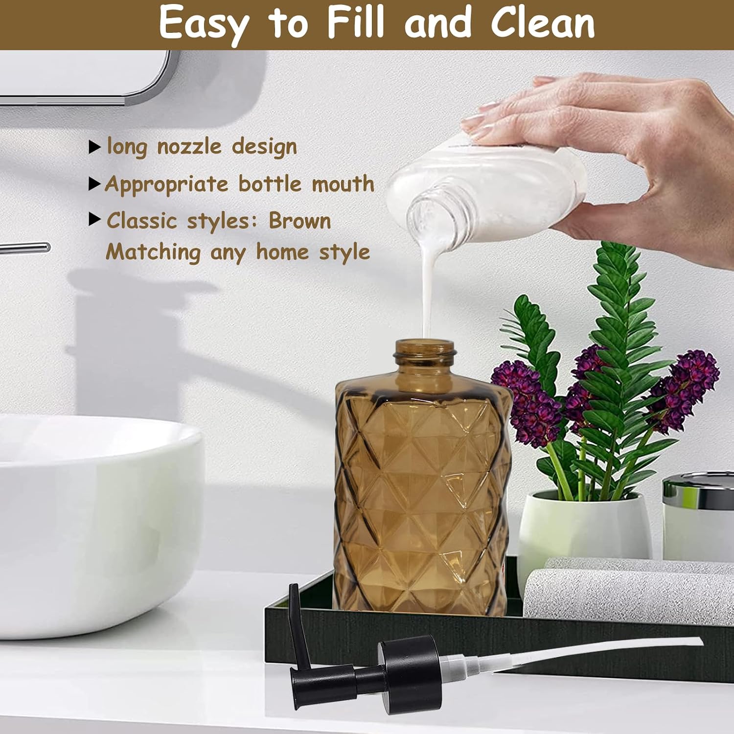 YYTSGG Brown Glass Soap Dispenser with Black Plastic Pump, 12oz, 2 Pack image 3