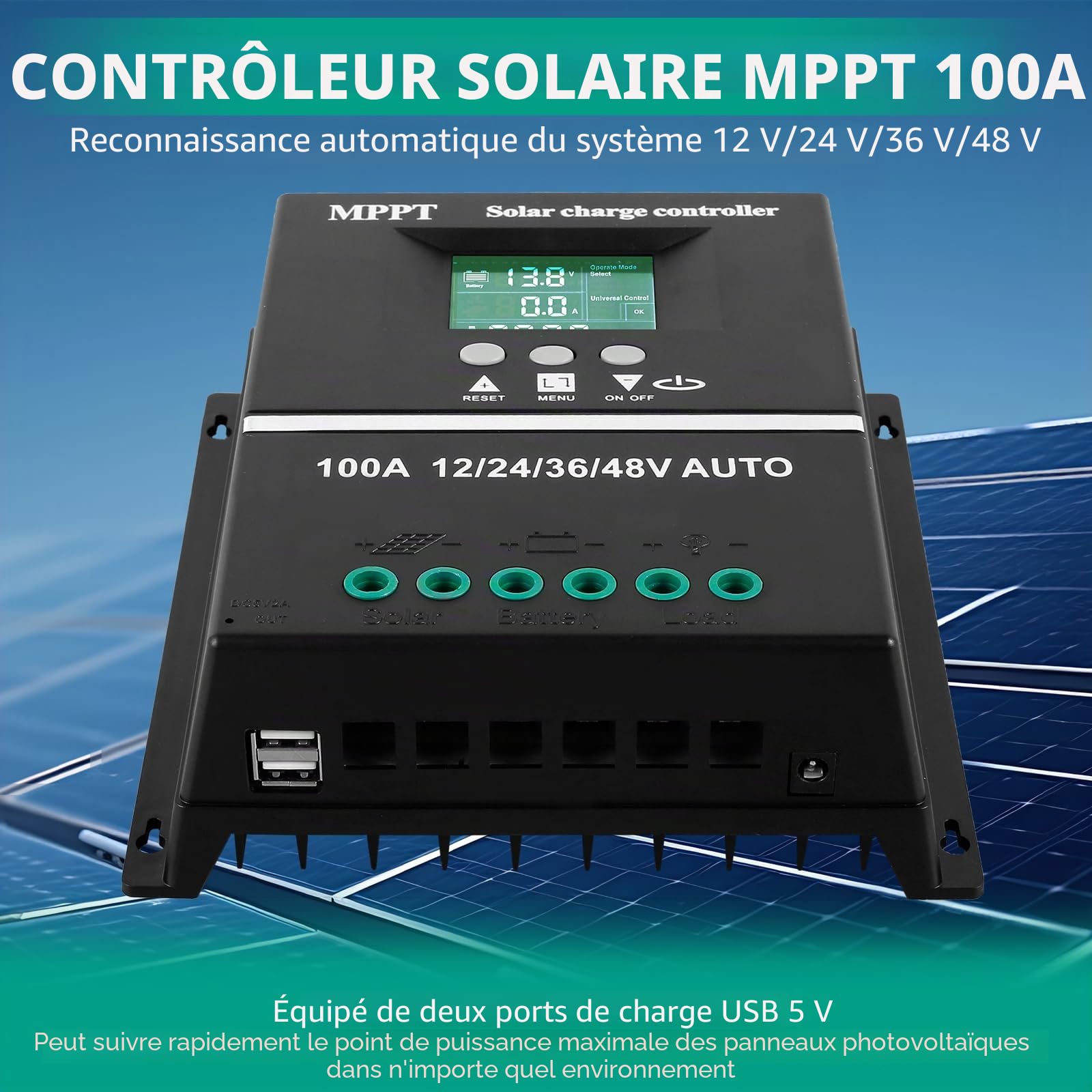 Régulateur de charge solaire MPPT 100 A 12 V 24 V 36 V 48 V USB MPPT Écran LCD avec entrée maximale 100 V Régulateur solaire 12 V mppt 100 A pour tous les types de batteries plomb-acide/lithium