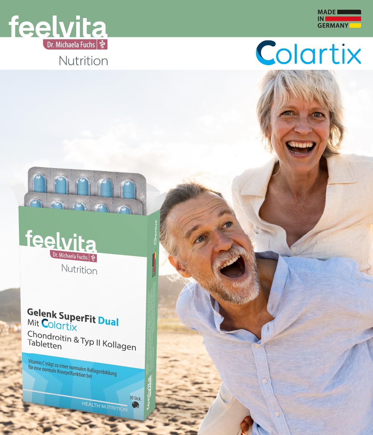 Genius Feelvita Nutrition Gelenk SuperFit Dual Tabletten - hochdosiert für normale Knochen, Knorpel und Bindegewebe sowie der normalen Kollagenbildung ohne Zusätze 90 Tabletten