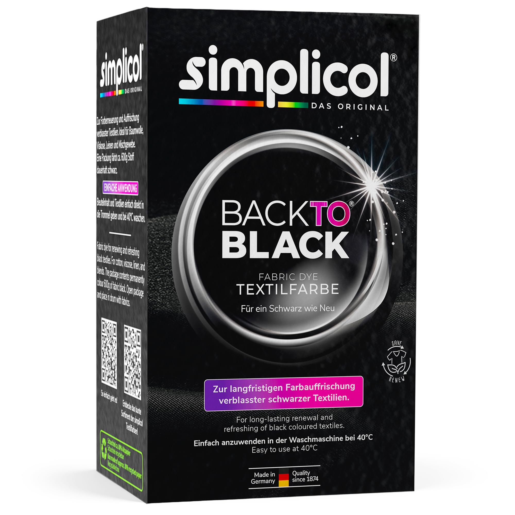 simplicol Back-To-Black Textilfarbe Schwarz 400 g | Farberneuerung für schwarze Kleidung und Stoff | Farbpulver für Waschmaschine für ein intensives Schwarz ohne Abfärben