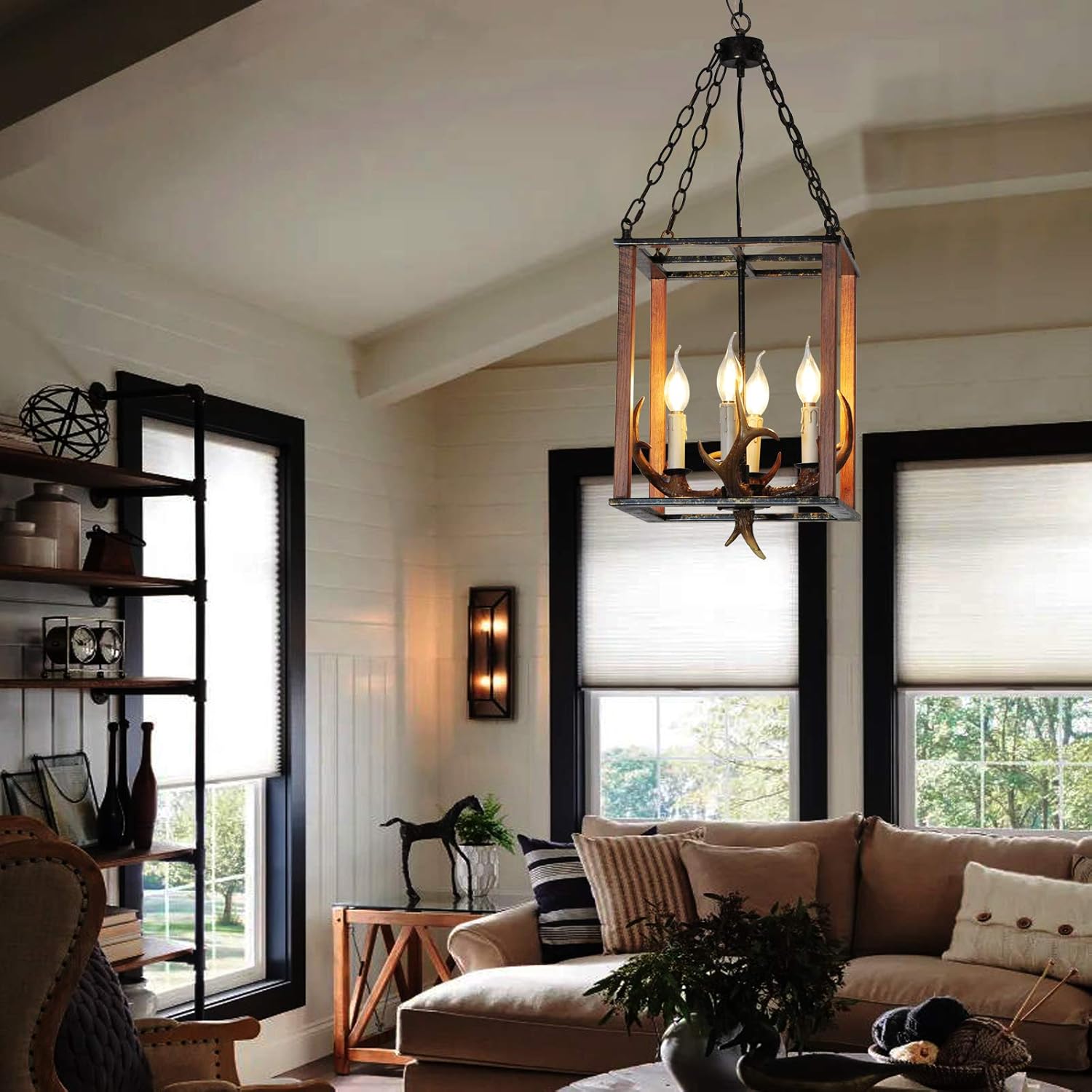 Special QIANLU Rustic Country Antler Chandelier, 4 Light 17W*30H Pendant Light Fixture for Living Room Dining Room Coffee Bar