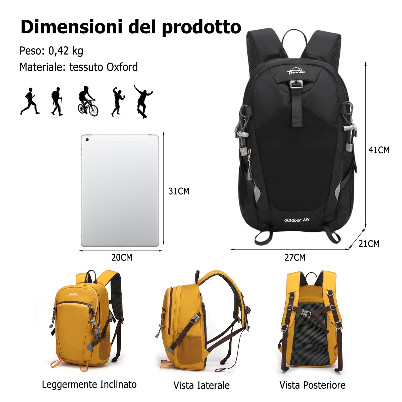 25L Zaino da Trekking Zaino Impermeabile Grande Zaini Leggero con Striscia Riflettente Tessuto Oxford Backpack per Donna Uomo Campeggio Arrampicata Viaggio Sport Nero