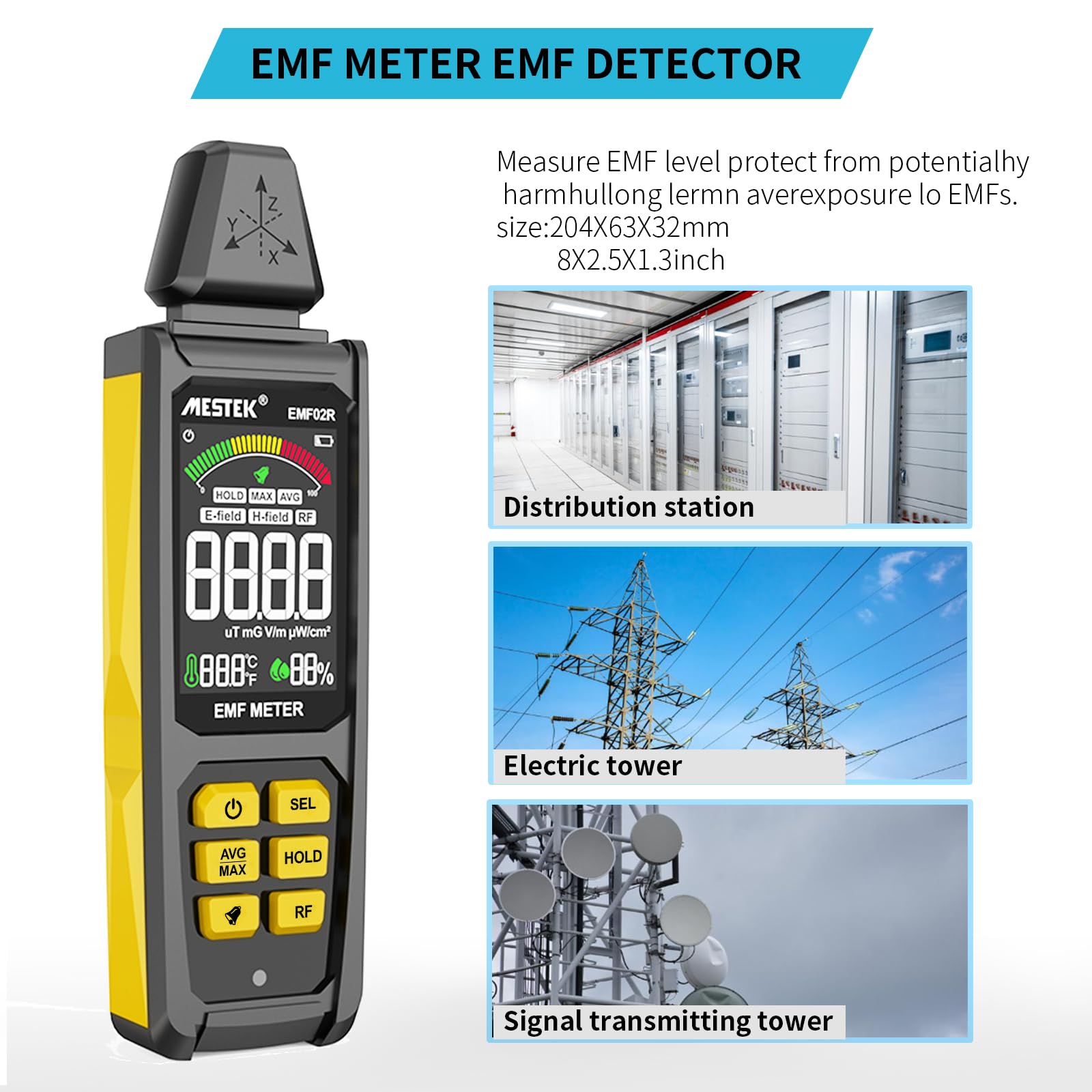 EMF Messgerät, MESTEK 5 in 1 EMF Strahlungsdetektor EF/MF/Radiofrequenz Feld Elektromagnetische,Wiederaufladbares Haus EMF Detektion