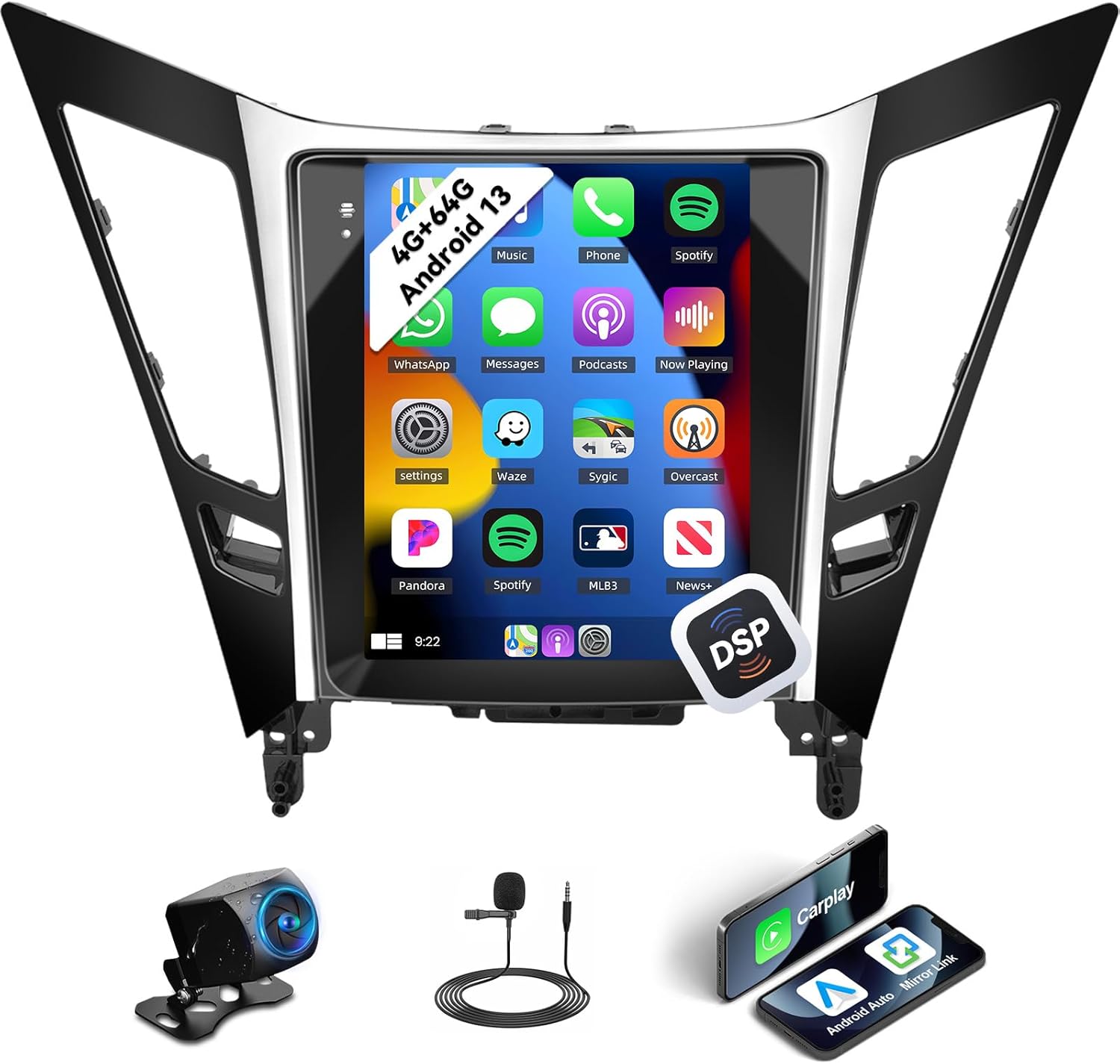 4G+64G Android Car Stereo Radio for Hyundai Sonata 2010-2015 Wireless CarPlay Android Auto 9.7 Inch Tesla Vertical Touch Screen Bluetooth 5.1 GPS Navi DSP Mirror Link WiFi FM/RDS AHD Rear Camera