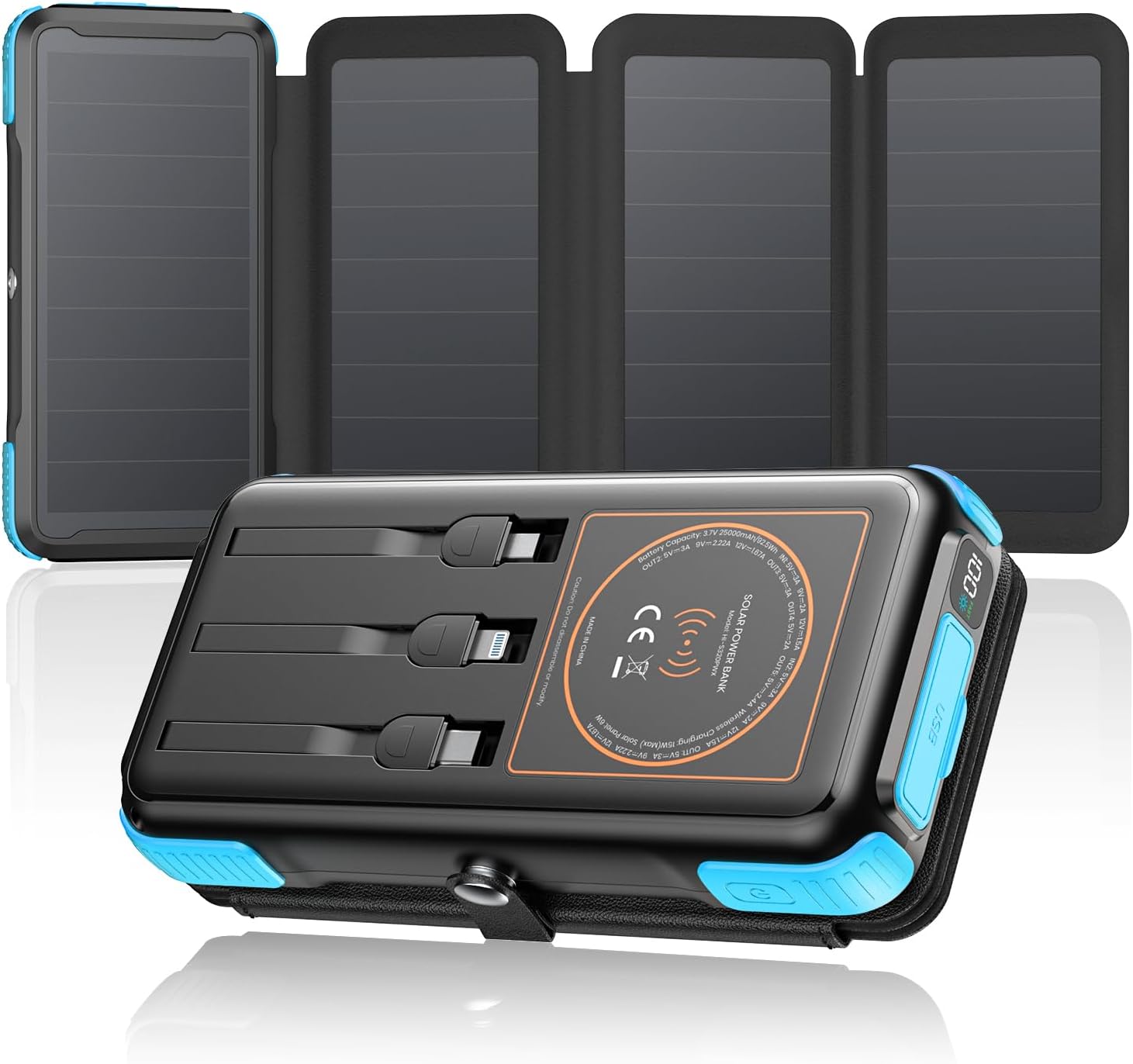 SOARAISESolar Charger 25000mAh Wireless Portable Charger, 20W Fast Charging Power Bank with Built-in 3 Cables, PD QC 3.0 Phone Battery Pack with 4 Solar Panels & Flashlights for Camping (Blue)