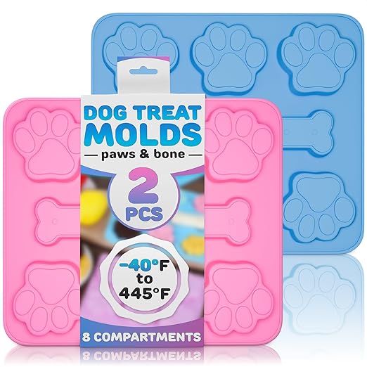 2 Pcs Dog Treat Molds for Baking and Freezing – Bone & Paw Shaped Silicone Dog Treat Mold, Non-Sticking, Blue & Pink – Easy Release Design for Homemade Candies, Gingerbreads, Pudding and Jelly Sweets