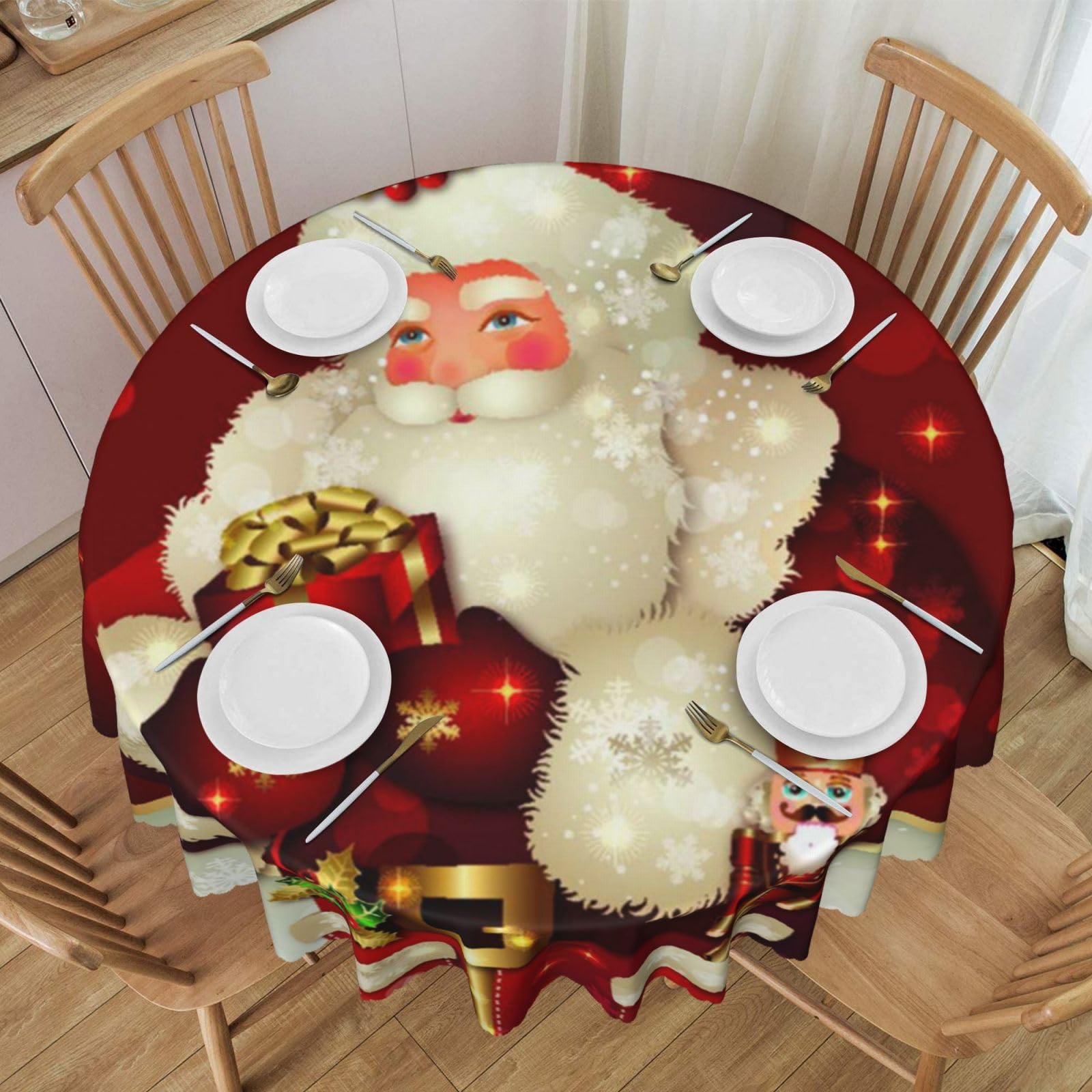 DCEHGEW 60 In Round Tablecloth with Lace, Merry Christmas Santa Claus Printed Oilproof & Washable Fabric Picnic Table Cloth Table Covers