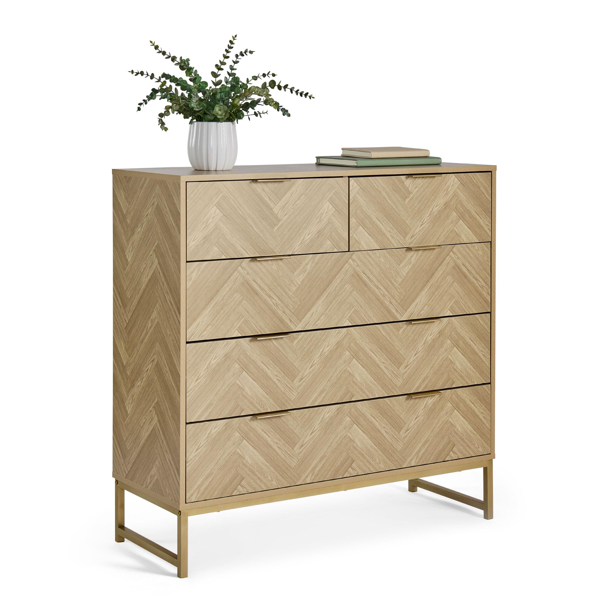 VonHaus Chest of Drawers for Bedroom - Herringbone 5 Drawer Bedroom Dresser with Gold Handles & Legs - Modern Scandi Look Storage Cabinet - Light Wood Effect Storage Dresser - Ducie