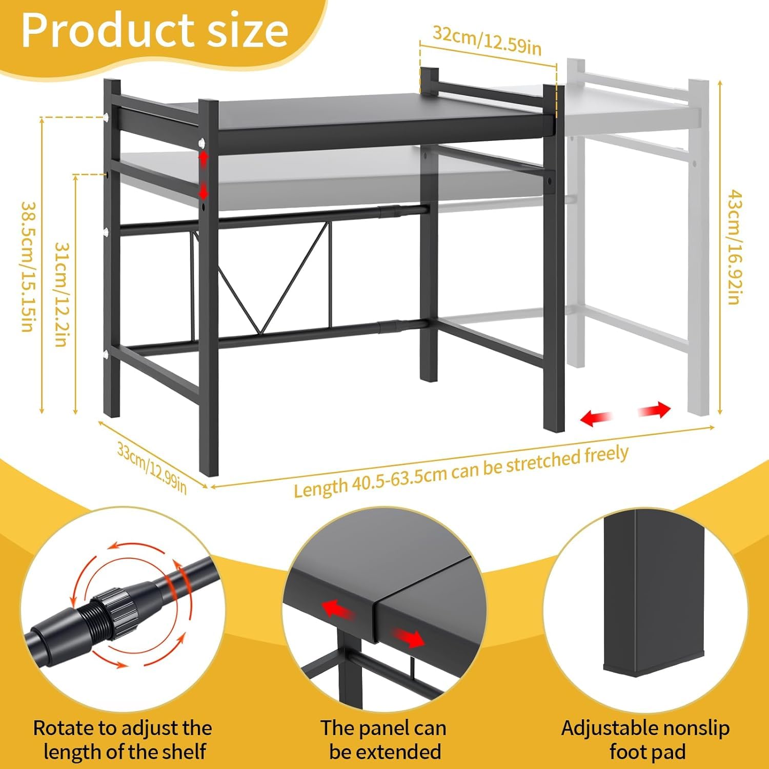 Ripiano espandibile a 2 livelli, struttura regolabile e salvaspazio mobile, microonde cucina, scaffale verticale con 4 ganci S, nero