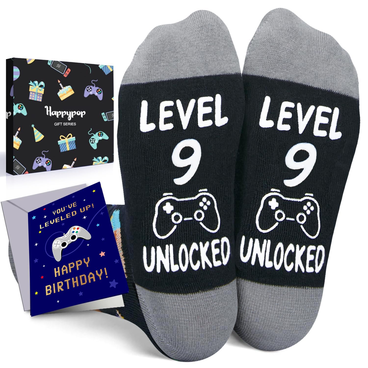 HAPPYPOP Birthday Gifts Ideas for Boy - Birthday Socks for Child 8-12 Years Old with Greeting Card in Black